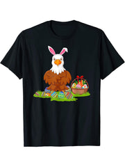Bald Eagle Bird Easter Egg Hunting Bunny Bald Eagle Easter T-Shirt 180G 100% Cotton Printed Round Neck Short-Sleeve T-Shirt, Gifts for Men Dad Husband Grandpa, S-XXXL, Black