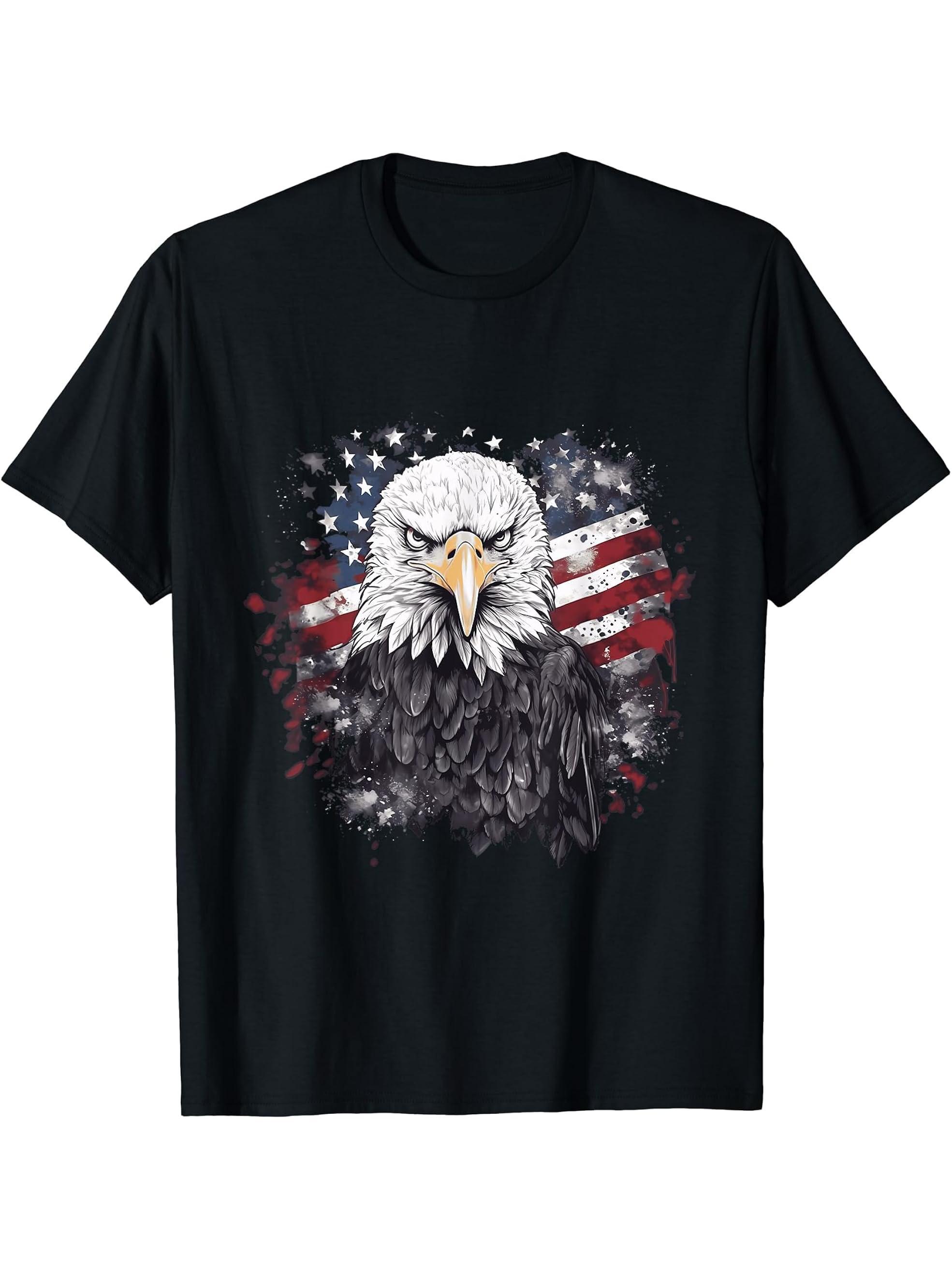 Sea Eagle US Flag Patriotic 4th Of July With Bald Eagle T-Shirt 180G 100% Cotton Printed Round Neck Short-Sleeve T-Shirt, Gifts for Men Dad Husband Grandpa, S-XXXL, Black