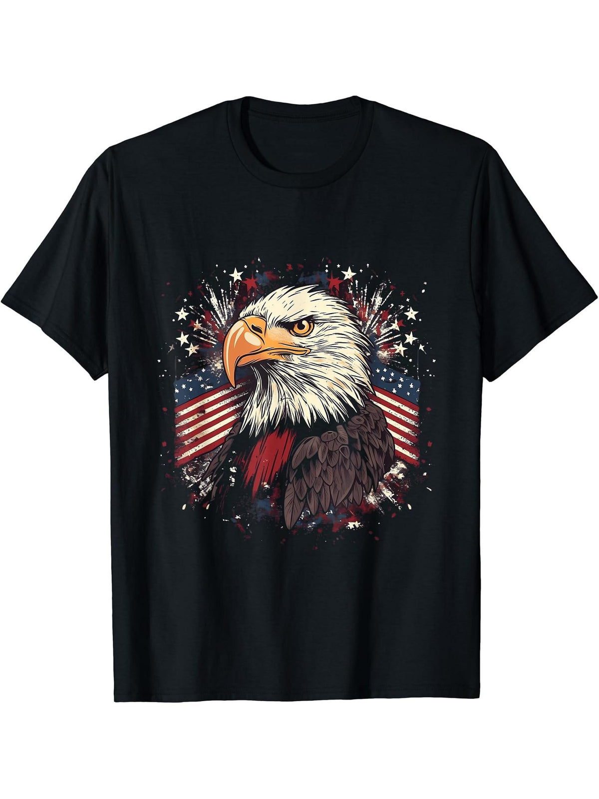 Sea Eagle US Flag Patriotic 4th Of July With Bald Eagle T-Shirt 180G 100% Cotton Printed Round Neck Short-Sleeve T-Shirt, Gifts for Men Dad Husband Grandpa, S-XXXL, Black