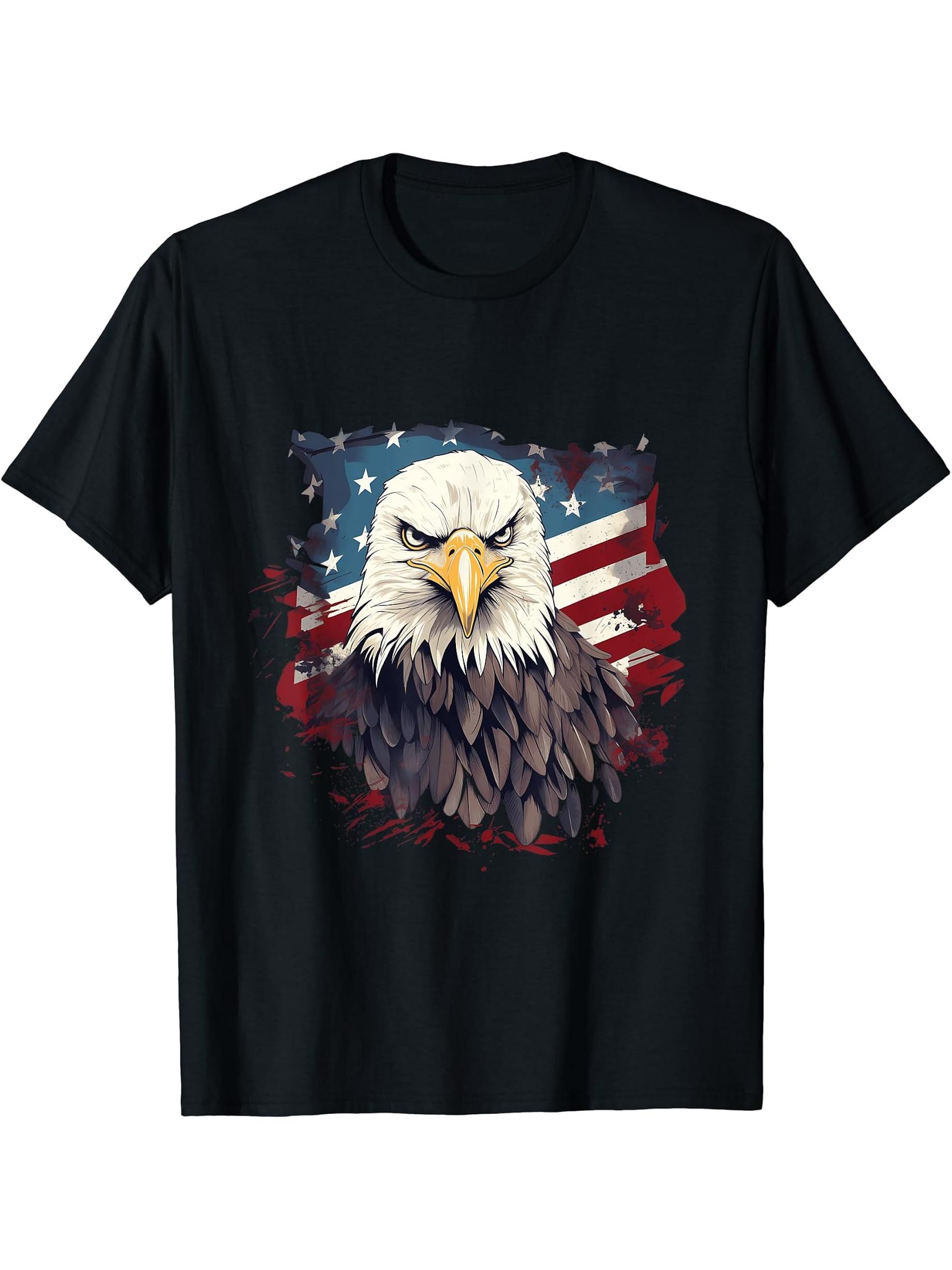 Sea Eagle US Flag Patriotic 4th Of July With Bald Eagle T-Shirt 180G 100% Cotton Printed Round Neck Short-Sleeve T-Shirt, Gifts for Men Dad Husband Grandpa, S-XXXL, Black