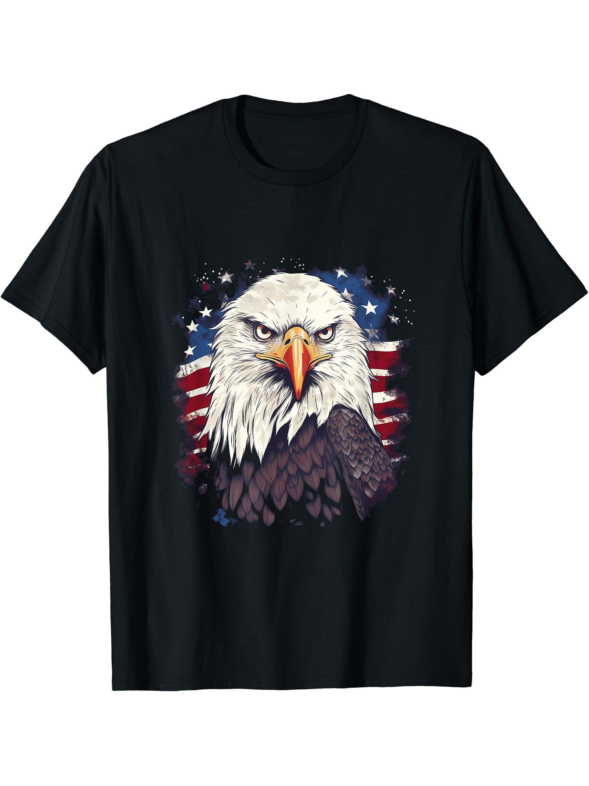 Sea Eagle US Flag Patriotic 4th Of July With Bald Eagle T-Shirt 180G 100% Cotton Printed Round Neck Short-Sleeve T-Shirt, Gifts for Men Dad Husband Grandpa, S-XXXL, Black