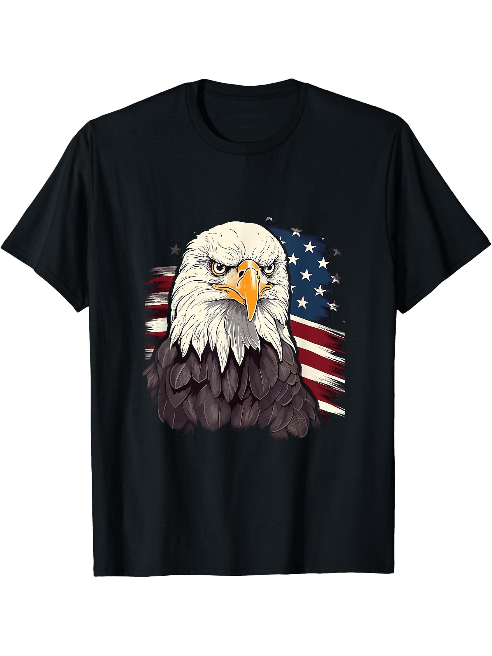 Sea Eagle US Flag Patriotic 4th Of July With Bald Eagle T-Shirt 180G 100% Cotton Printed Round Neck Short-Sleeve T-Shirt, Gifts for Men Dad Husband Grandpa, S-XXXL, Black
