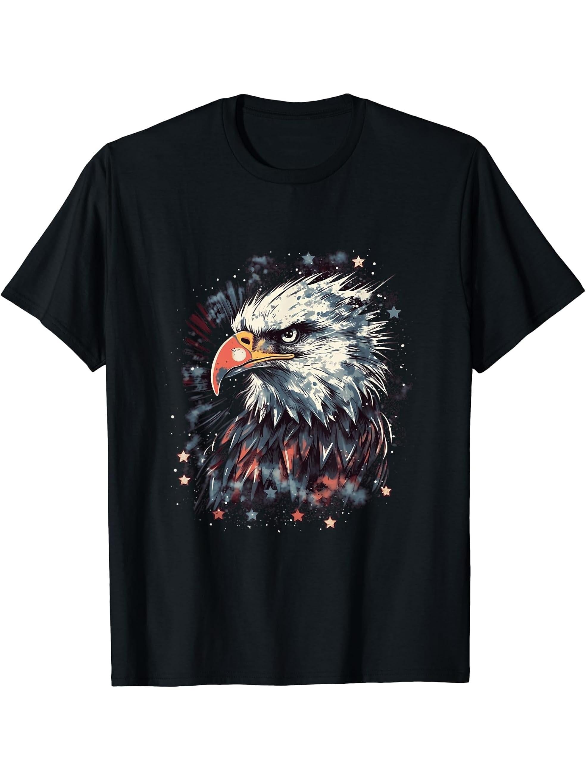 Sea Eagle US Flag Patriotic 4th Of July With Bald Eagle T-Shirt 180G 100% Cotton Printed Round Neck Short-Sleeve T-Shirt, Gifts for Men Dad Husband Grandpa, S-XXXL, Black