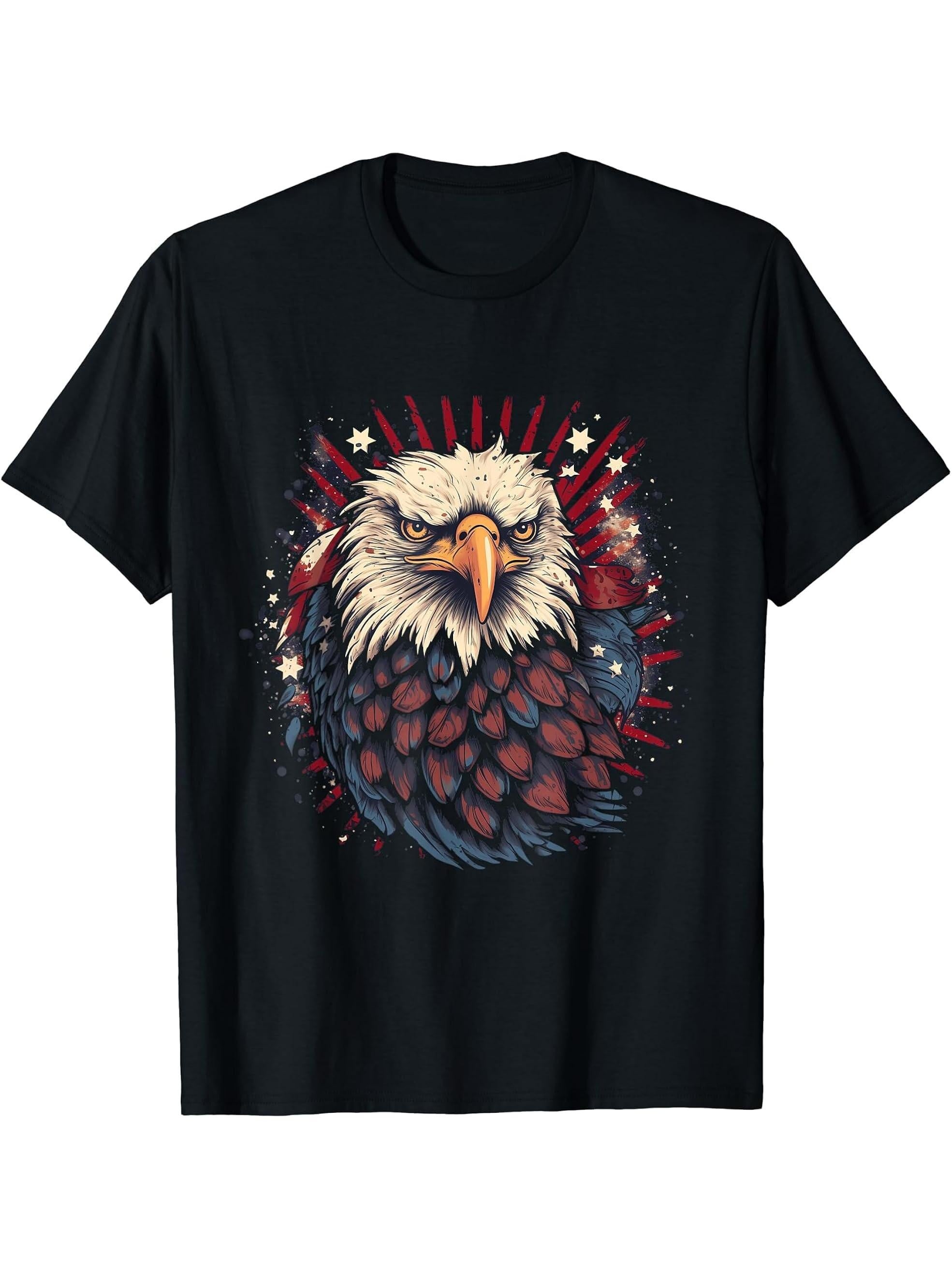 Sea Eagle US Flag Patriotic 4th Of July With Bald Eagle T-Shirt 180G 100% Cotton Printed Round Neck Short-Sleeve T-Shirt, Gifts for Men Dad Husband Grandpa, S-XXXL, Black