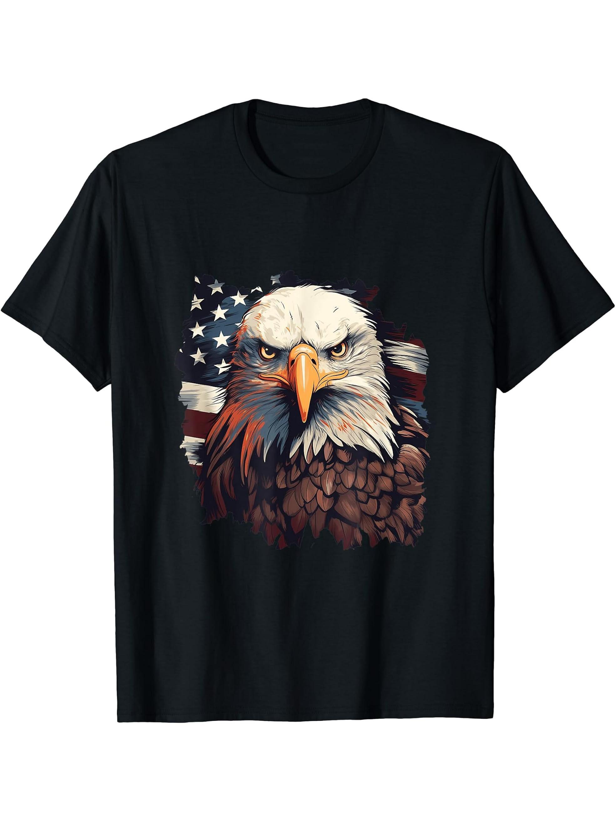 Sea Eagle US Flag Patriotic 4th Of July With Bald Eagle T-Shirt 180G 100% Cotton Printed Round Neck Short-Sleeve T-Shirt, Gifts for Men Dad Husband Grandpa, S-XXXL, Black