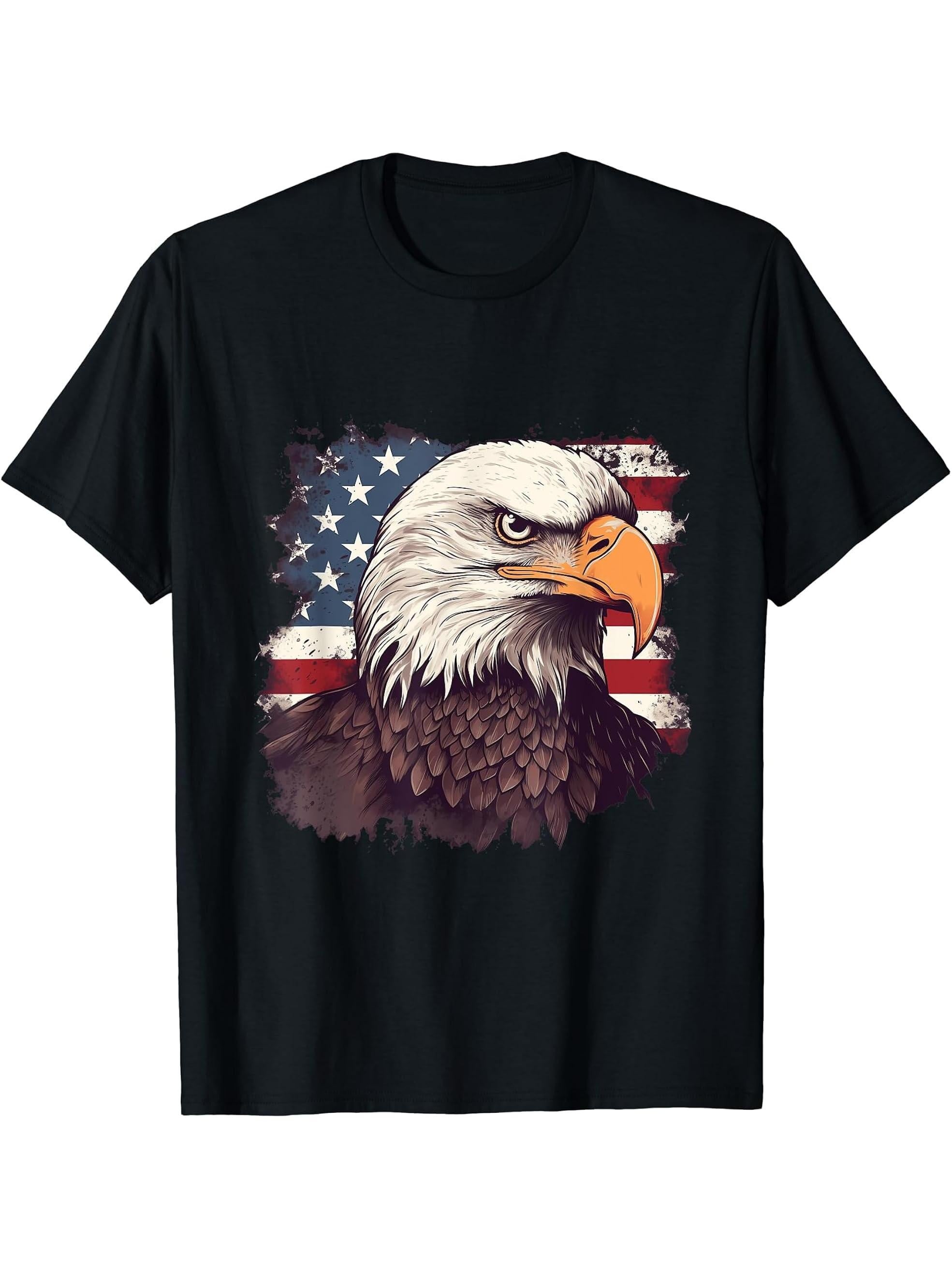 Sea Eagle US Flag Patriotic 4th Of July With Bald Eagle T-Shirt 180G 100% Cotton Printed Round Neck Short-Sleeve T-Shirt, Gifts for Men Dad Husband Grandpa, S-XXXL, Black