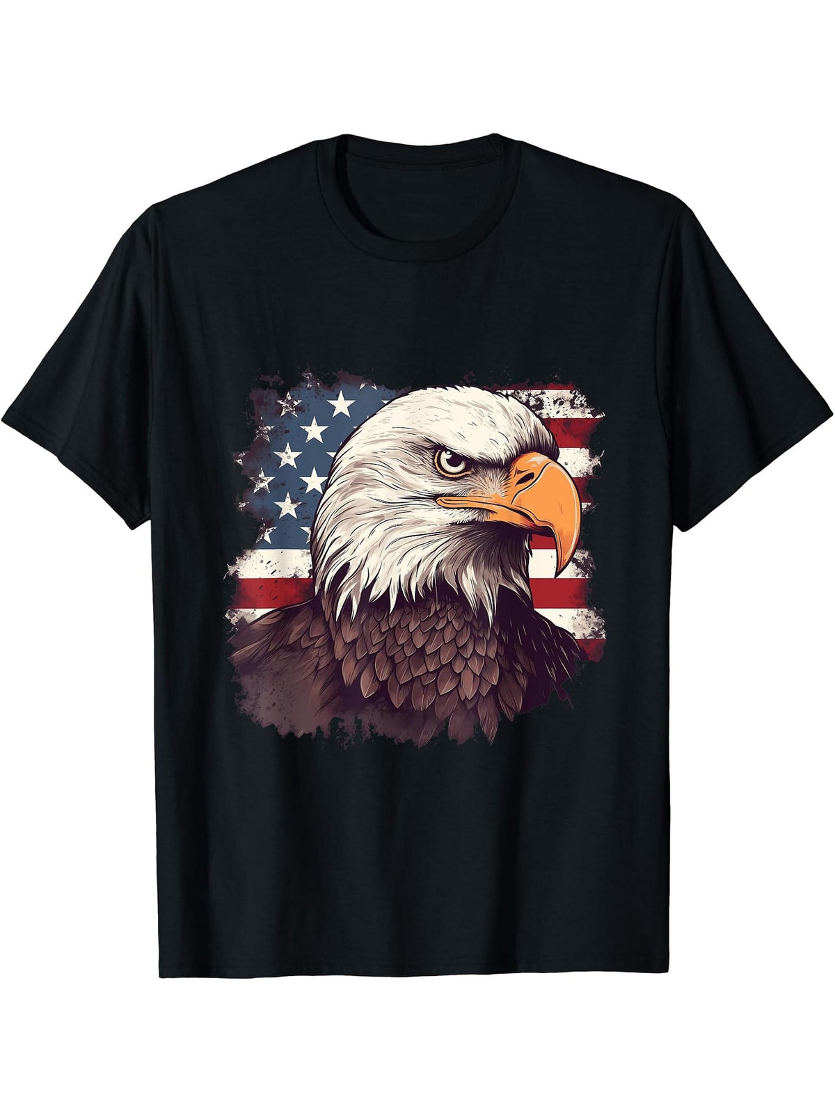 Sea Eagle US Flag Patriotic 4th Of July With Bald Eagle T-Shirt 180G 100% Cotton Printed Round Neck Short-Sleeve T-Shirt, Gifts for Men Dad Husband Grandpa, S-XXXL, Black