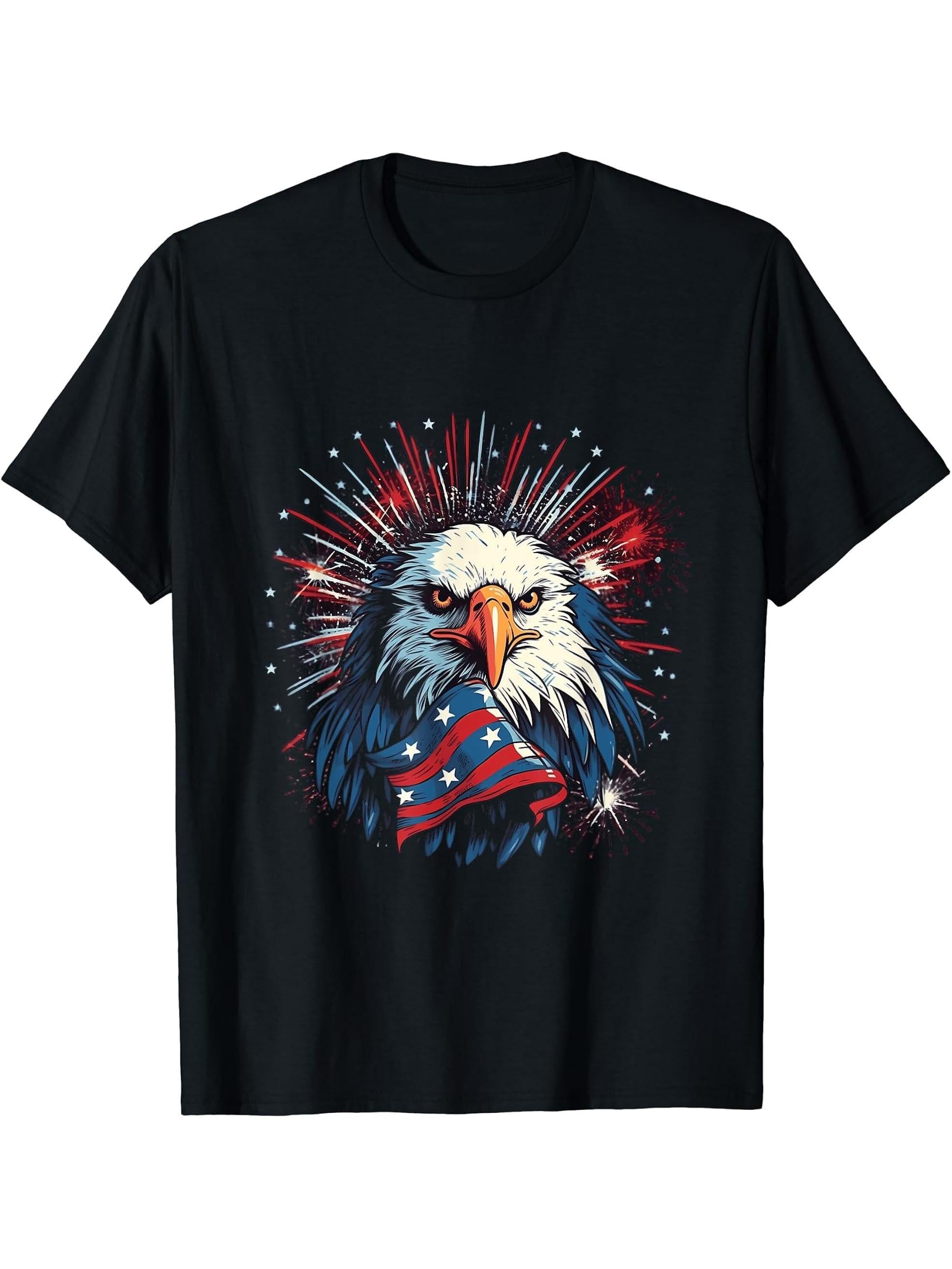 Sea Eagle US Flag Patriotic 4th Of July With Bald Eagle T-Shirt 180G 100% Cotton Printed Round Neck Short-Sleeve T-Shirt, Gifts for Men Dad Husband Grandpa, S-XXXL, Black