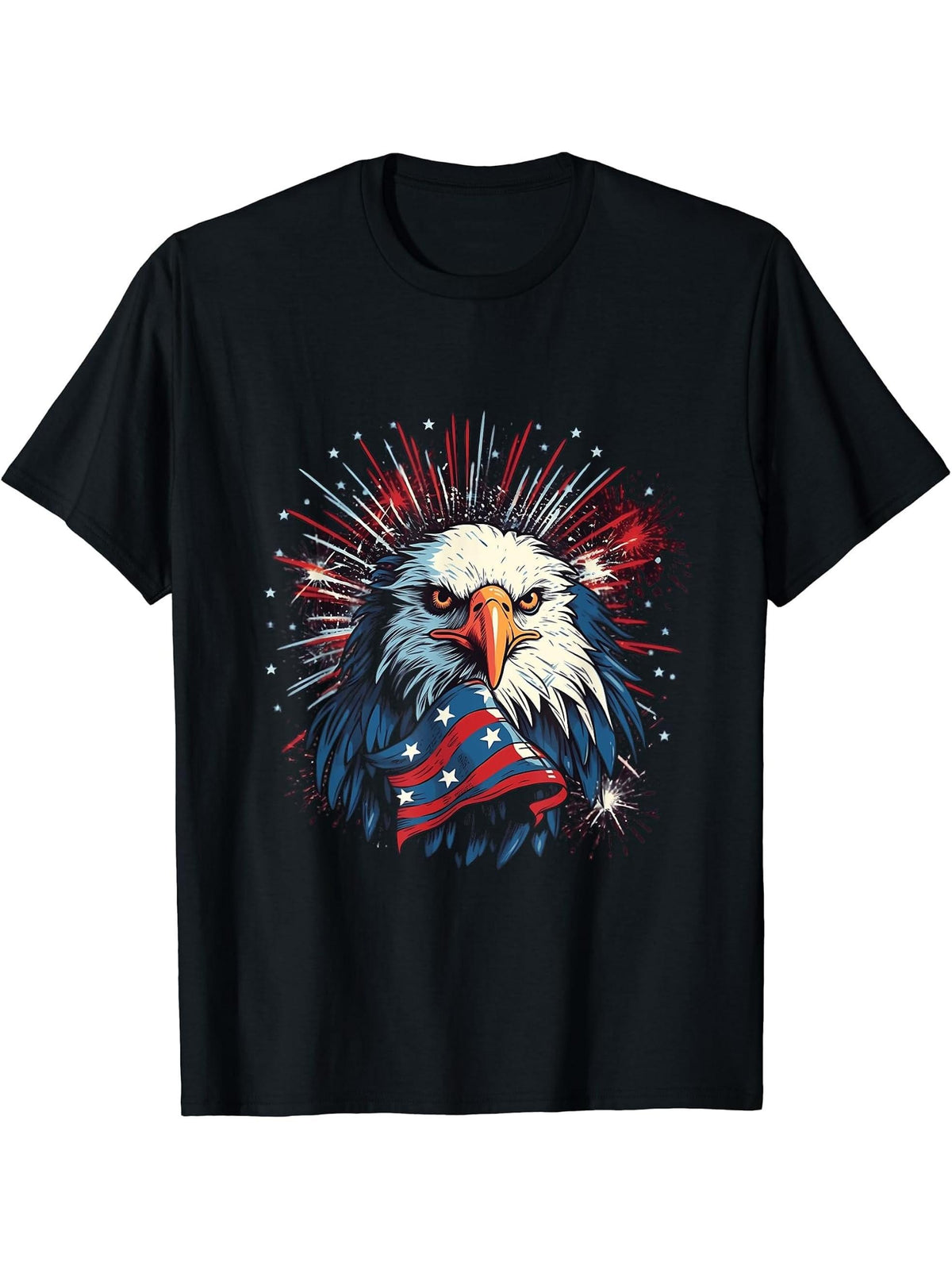 Sea Eagle US Flag Patriotic 4th Of July With Bald Eagle T-Shirt 180G 100% Cotton Printed Round Neck Short-Sleeve T-Shirt, Gifts for Men Dad Husband Grandpa, S-XXXL, Black