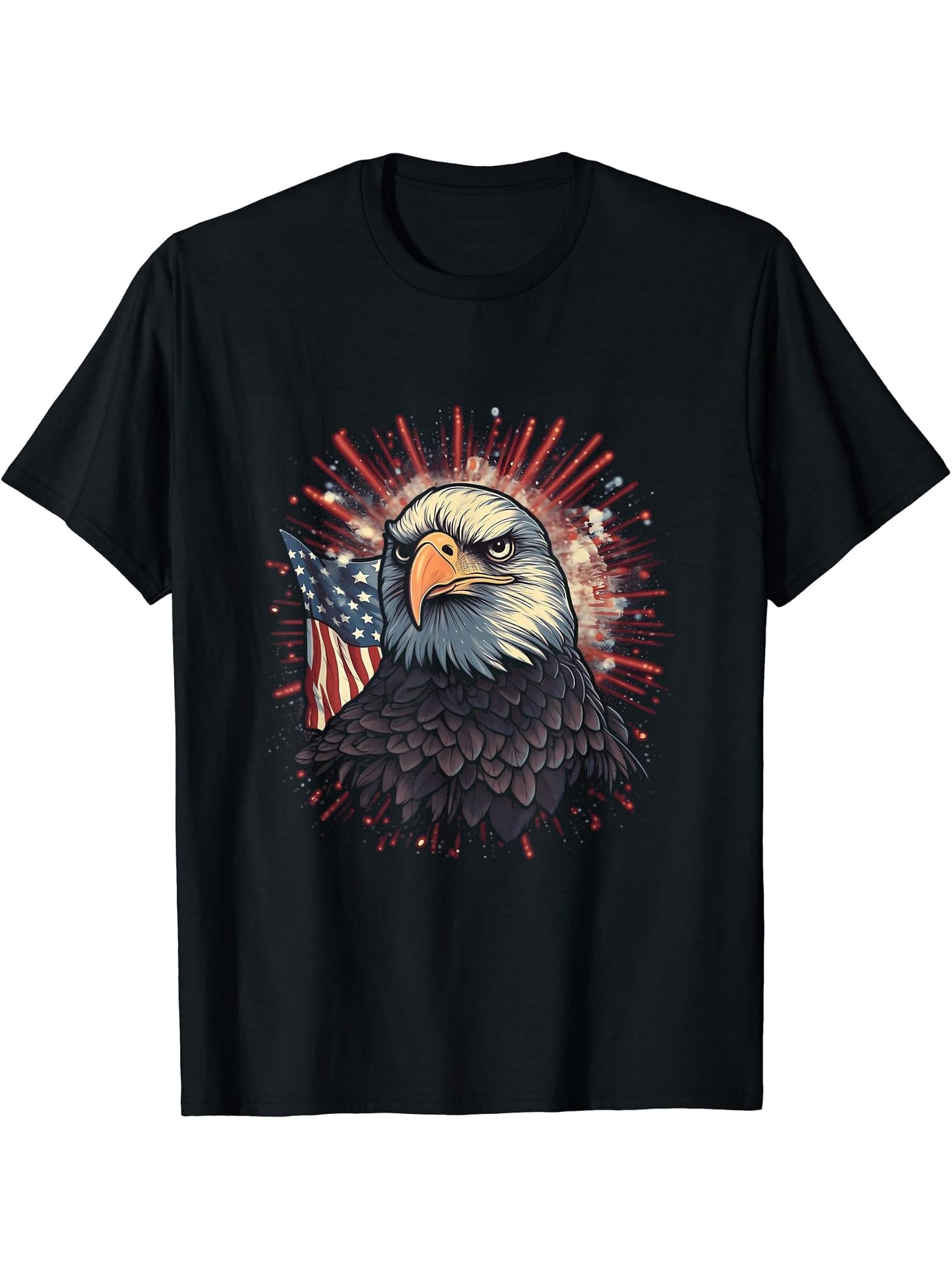 Sea Eagle US Flag Patriotic 4th Of July With Bald Eagle T-Shirt 180G 100% Cotton Printed Round Neck Short-Sleeve T-Shirt, Gifts for Men Dad Husband Grandpa, S-XXXL, Black