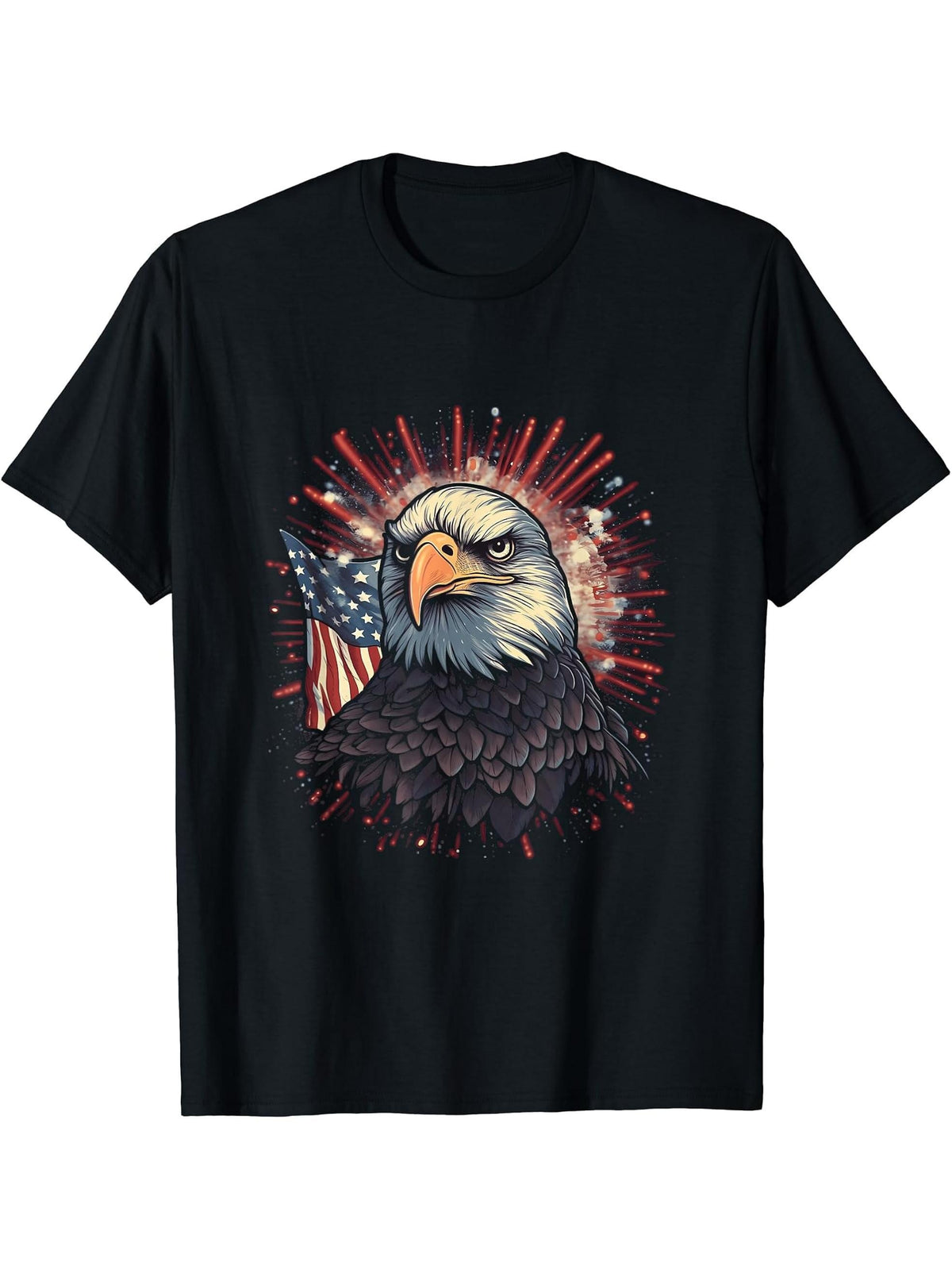 Sea Eagle US Flag Patriotic 4th Of July With Bald Eagle T-Shirt 180G 100% Cotton Printed Round Neck Short-Sleeve T-Shirt, Gifts for Men Dad Husband Grandpa, S-XXXL, Black