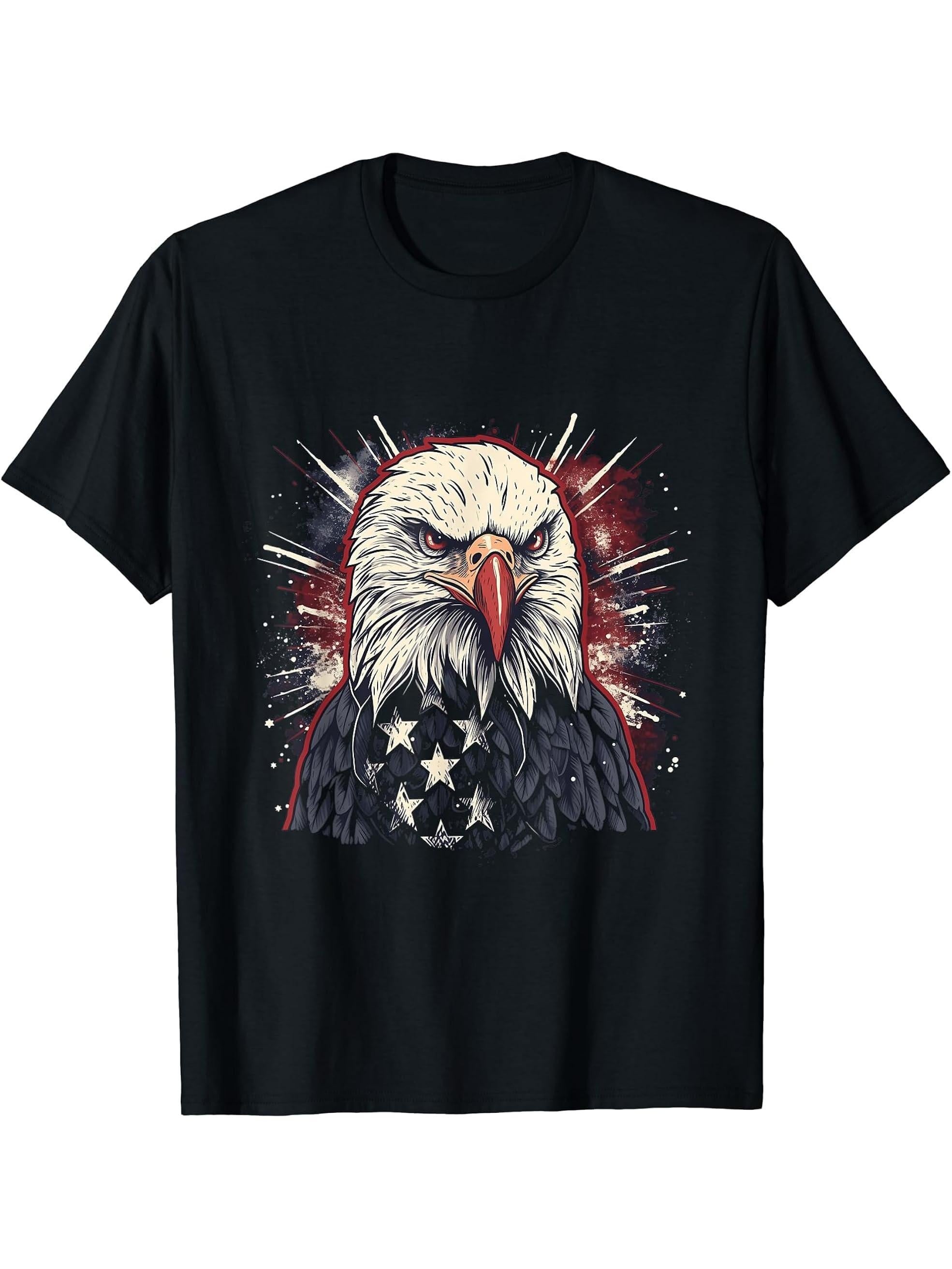 Sea Eagle US Flag Patriotic 4th Of July With Bald Eagle T-Shirt 180G 100% Cotton Printed Round Neck Short-Sleeve T-Shirt, Gifts for Men Dad Husband Grandpa, S-XXXL, Black