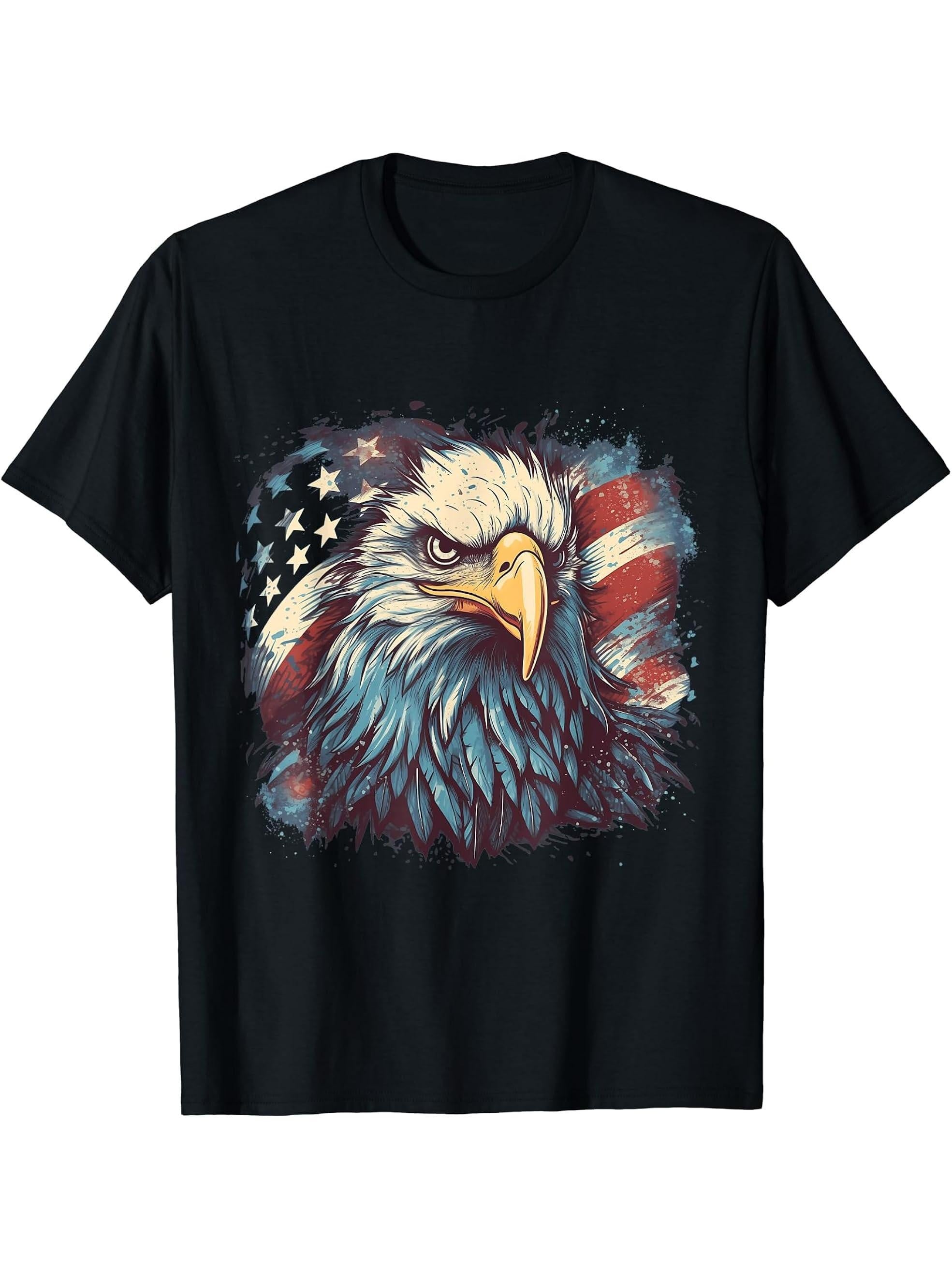 Sea Eagle US Flag Patriotic 4th Of July With Bald Eagle T-Shirt 180G 100% Cotton Printed Round Neck Short-Sleeve T-Shirt, Gifts for Men Dad Husband Grandpa, S-XXXL, Black
