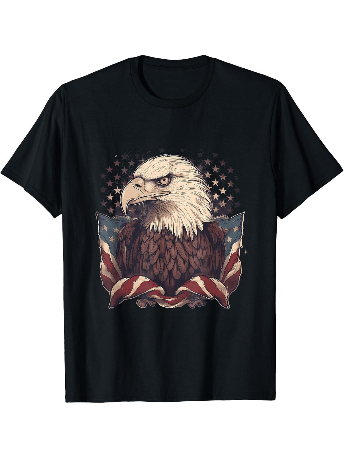 Sea Eagle US Flag Patriotic 4th Of July With Bald Eagle T-Shirt 180G 100% Cotton Printed Round Neck Short-Sleeve T-Shirt, Gifts for Men Dad Husband Grandpa, S-XXXL, Black