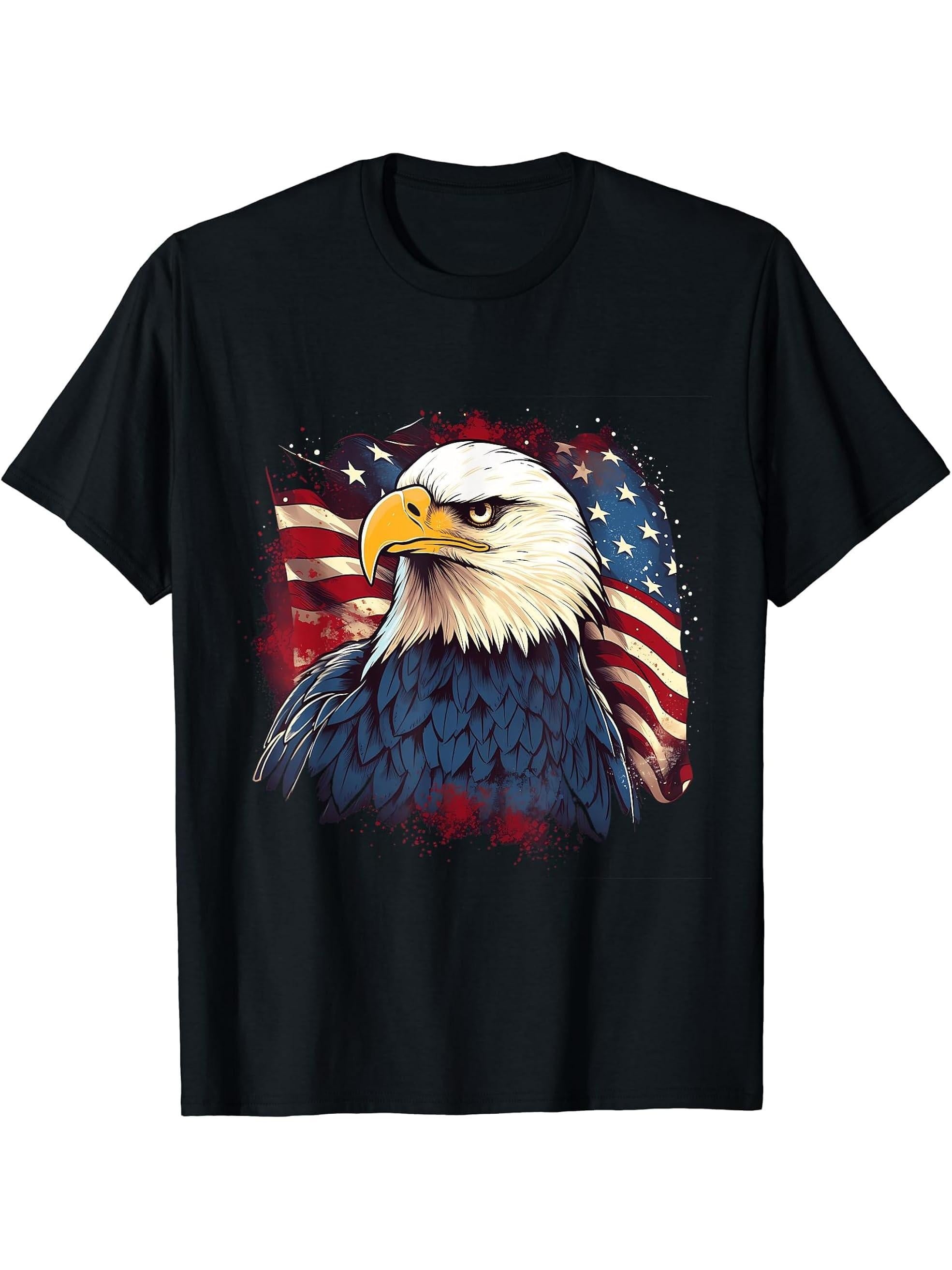 Sea Eagle US Flag Patriotic 4th Of July With Bald Eagle T-Shirt 180G 100% Cotton Printed Round Neck Short-Sleeve T-Shirt, Gifts for Men Dad Husband Grandpa, S-XXXL, Black