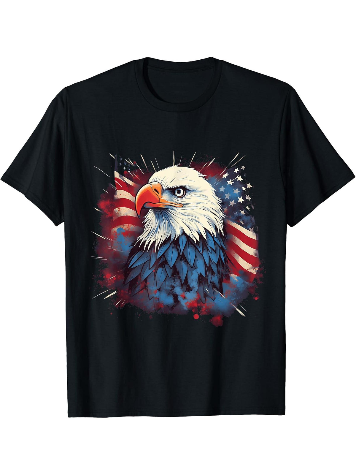 Sea Eagle US Flag Patriotic 4th Of July With Bald Eagle T-Shirt 180G 100% Cotton Printed Round Neck Short-Sleeve T-Shirt, Gifts for Men Dad Husband Grandpa, S-XXXL, Black