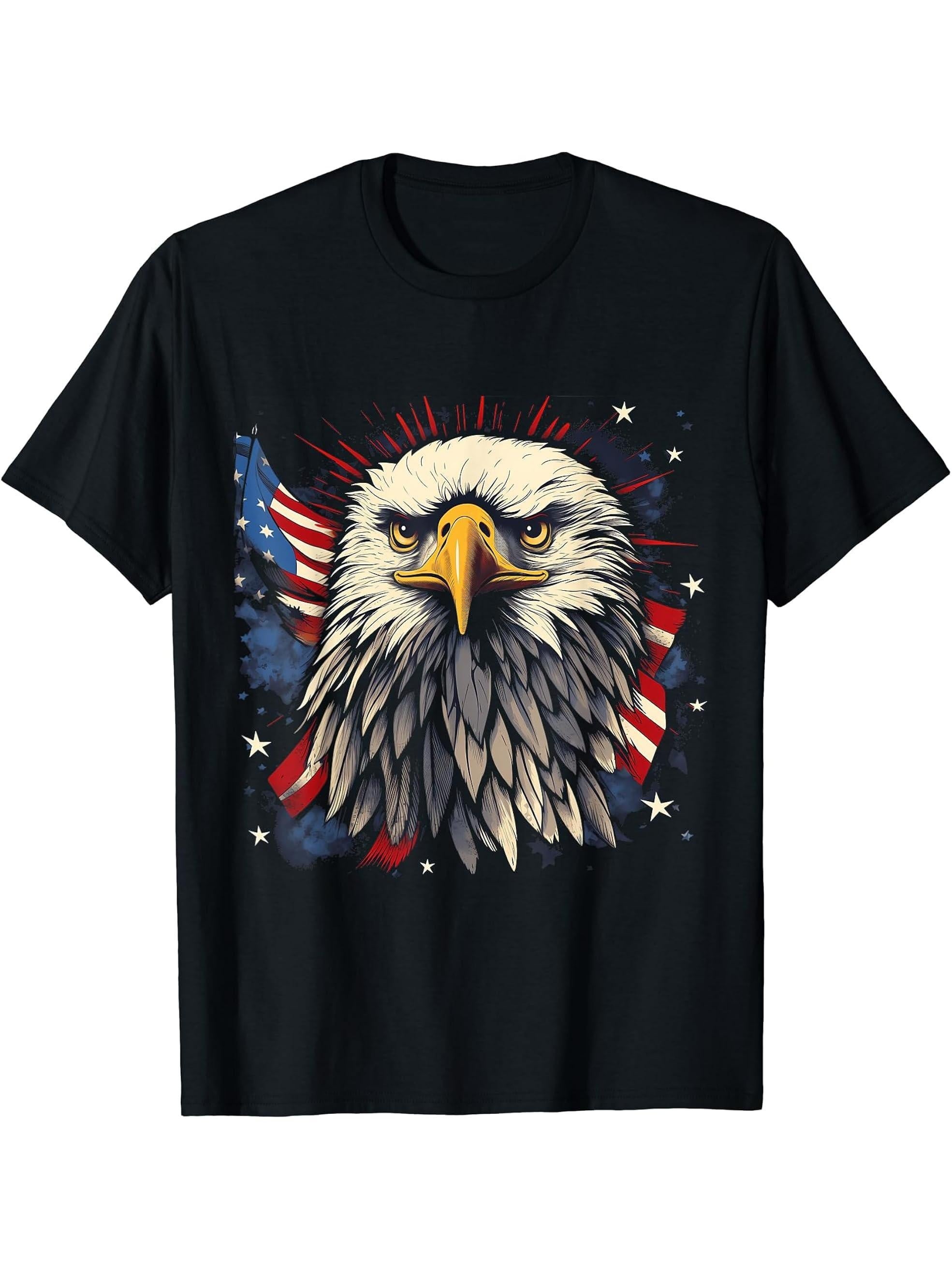 Sea Eagle US Flag Patriotic 4th Of July With Bald Eagle T-Shirt 180G 100% Cotton Printed Round Neck Short-Sleeve T-Shirt, Gifts for Men Dad Husband Grandpa, S-XXXL, Black