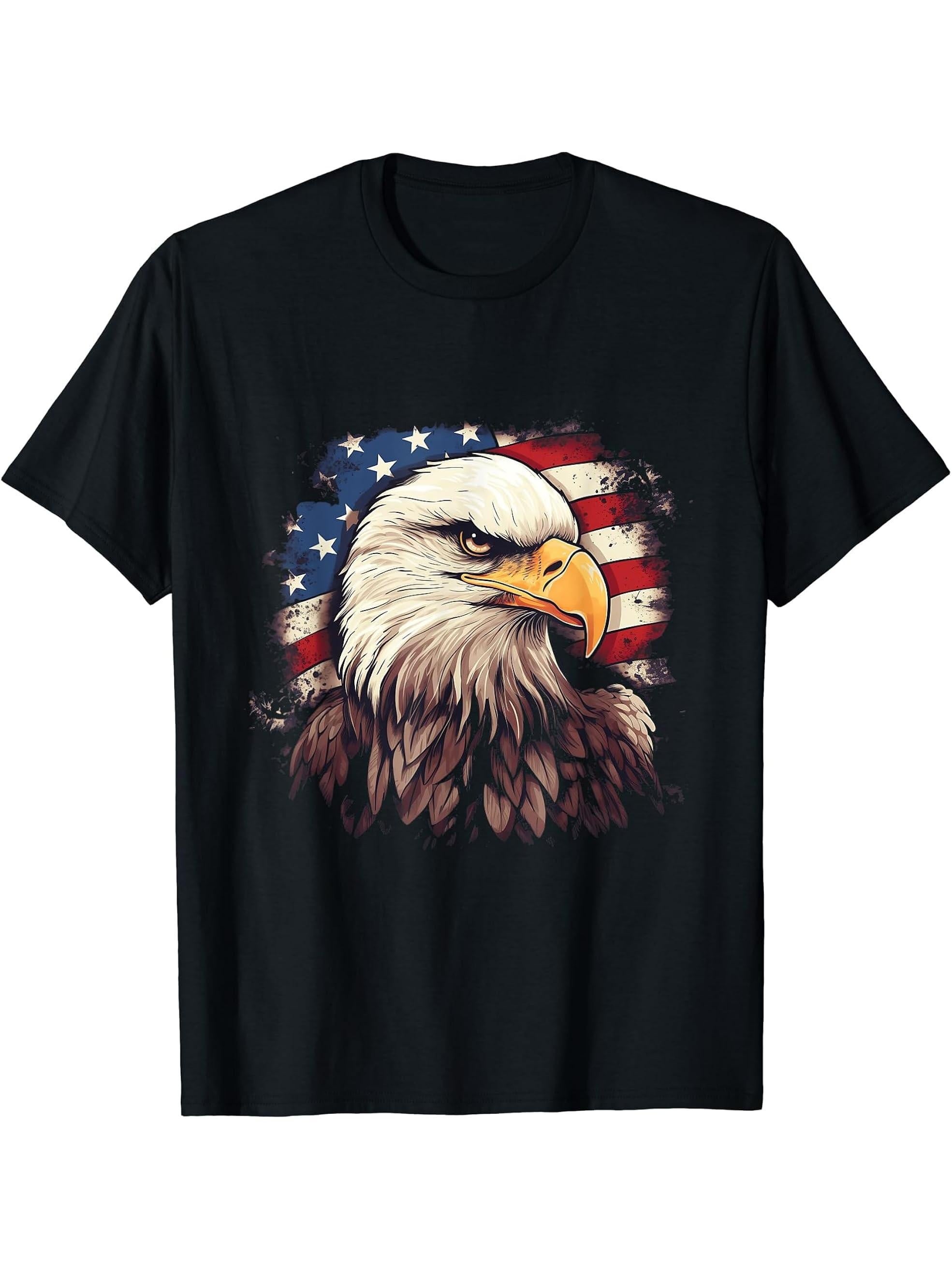 Sea Eagle US Flag Patriotic 4th Of July With Bald Eagle T-Shirt 180G 100% Cotton Printed Round Neck Short-Sleeve T-Shirt, Gifts for Men Dad Husband Grandpa, S-XXXL, Black