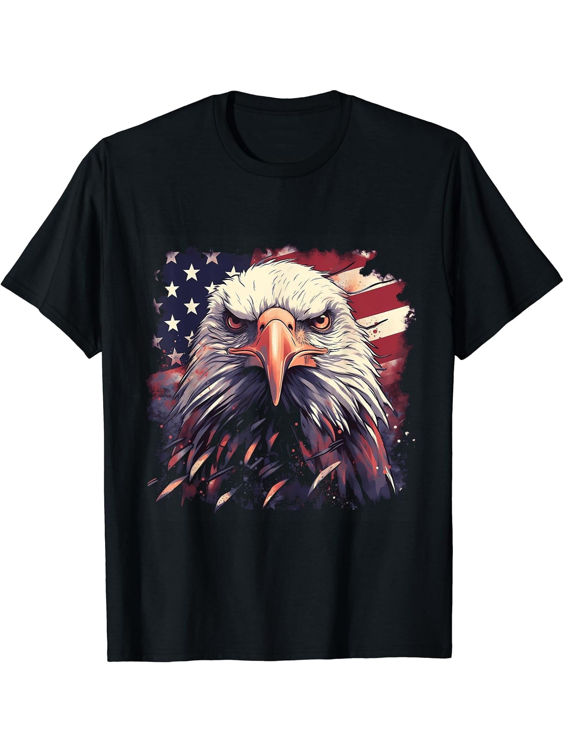 Sea Eagle US Flag Patriotic 4th Of July With Bald Eagle T-Shirt 180G 100% Cotton Printed Round Neck Short-Sleeve T-Shirt, Gifts for Men Dad Husband Grandpa, S-XXXL, Black