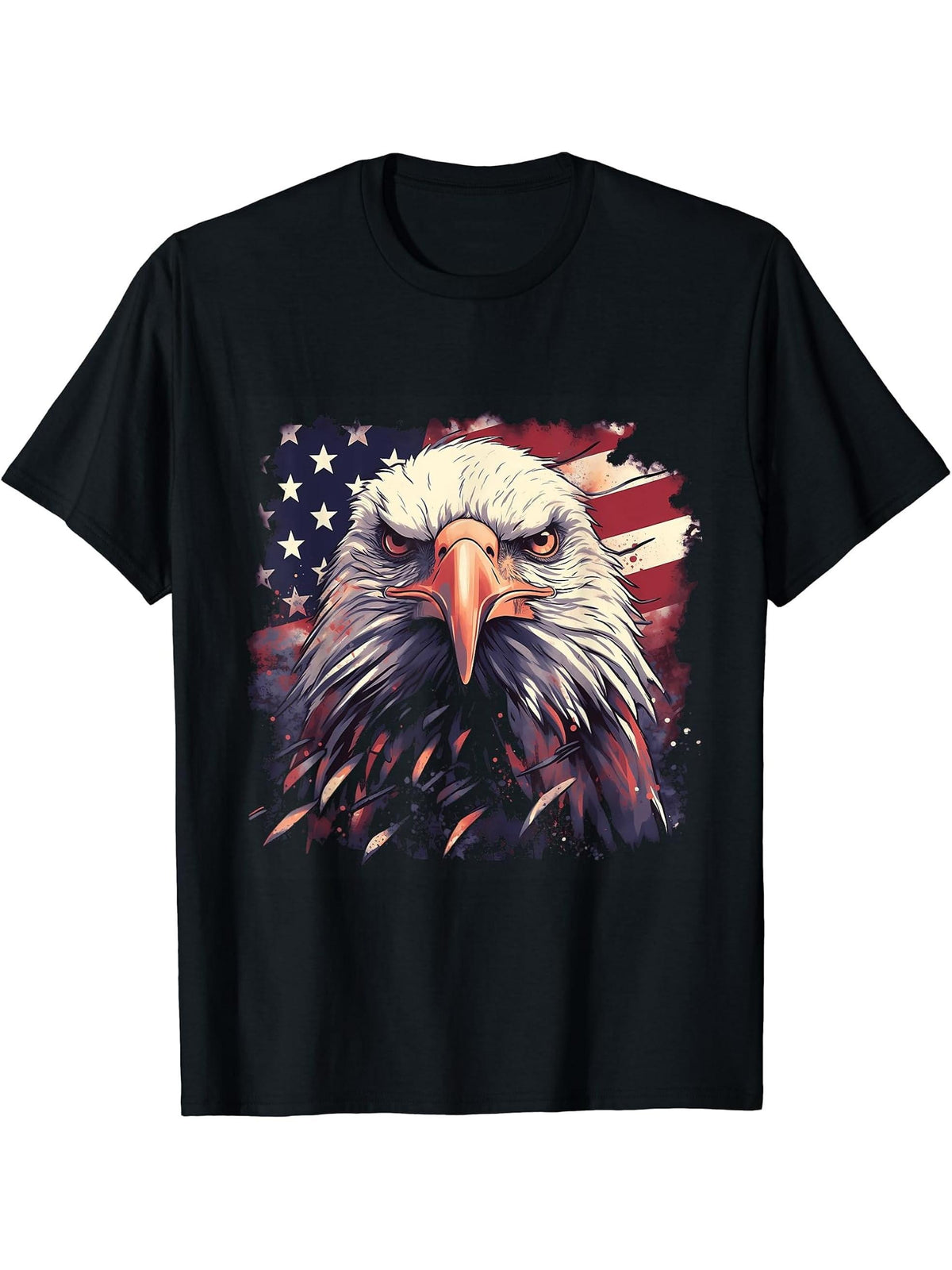 Sea Eagle US Flag Patriotic 4th Of July With Bald Eagle T-Shirt 180G 100% Cotton Printed Round Neck Short-Sleeve T-Shirt, Gifts for Men Dad Husband Grandpa, S-XXXL, Black