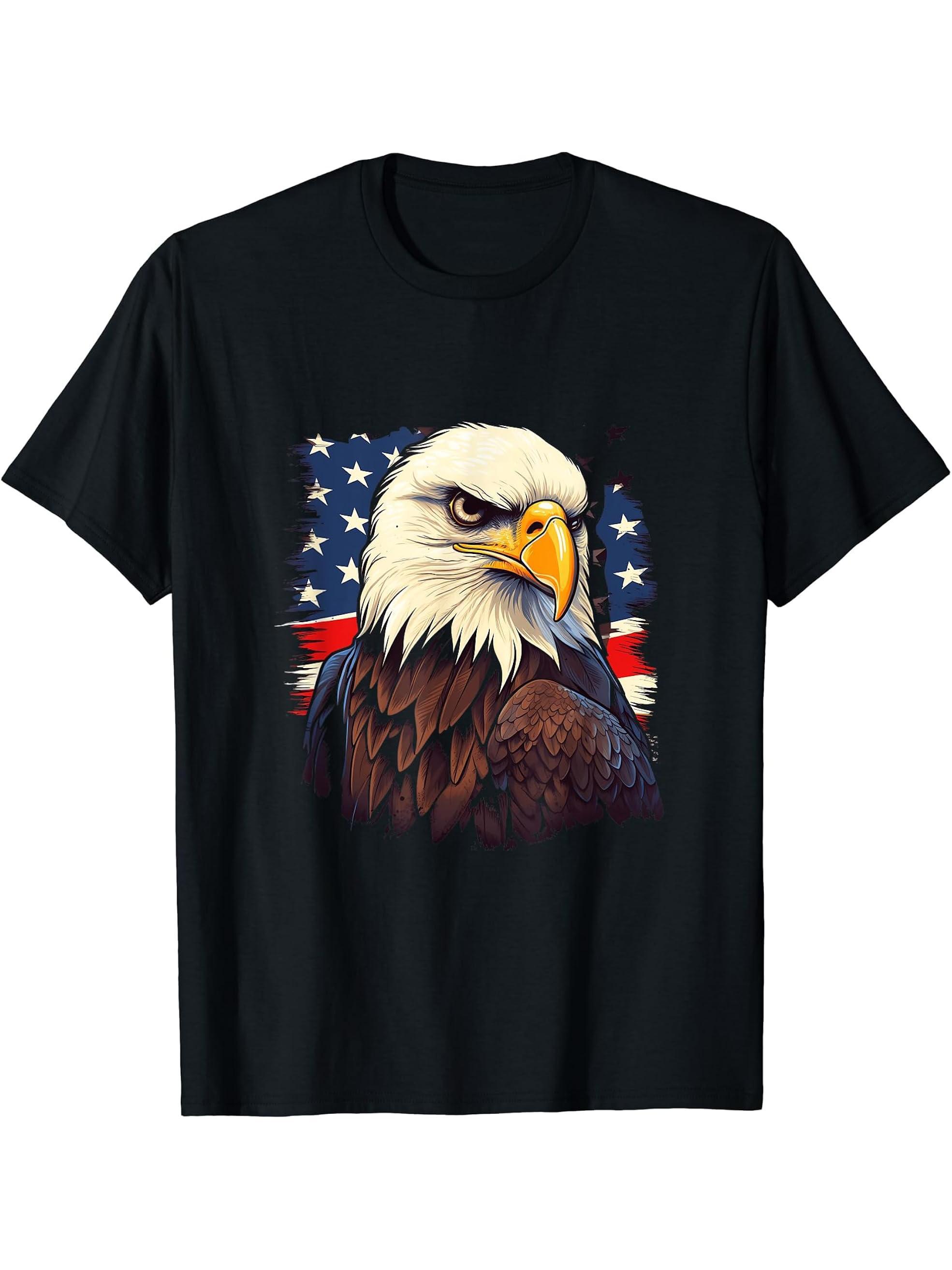 Sea Eagle US Flag Patriotic 4th Of July With Bald Eagle T-Shirt 180G 100% Cotton Printed Round Neck Short-Sleeve T-Shirt, Gifts for Men Dad Husband Grandpa, S-XXXL, Black