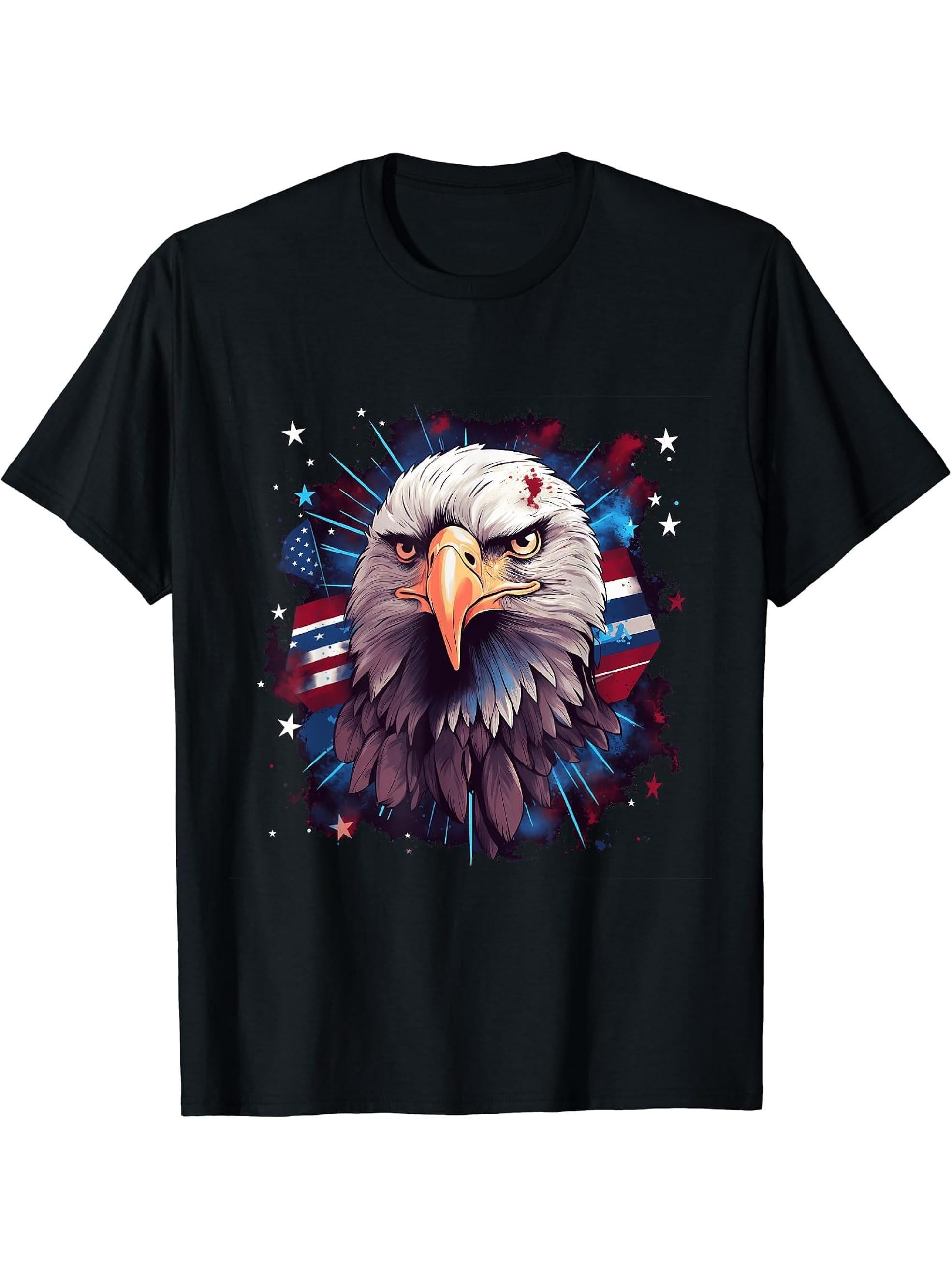 Sea Eagle US Flag Patriotic 4th Of July With Bald Eagle T-Shirt 180G 100% Cotton Printed Round Neck Short-Sleeve T-Shirt, Gifts for Men Dad Husband Grandpa, S-XXXL, Black