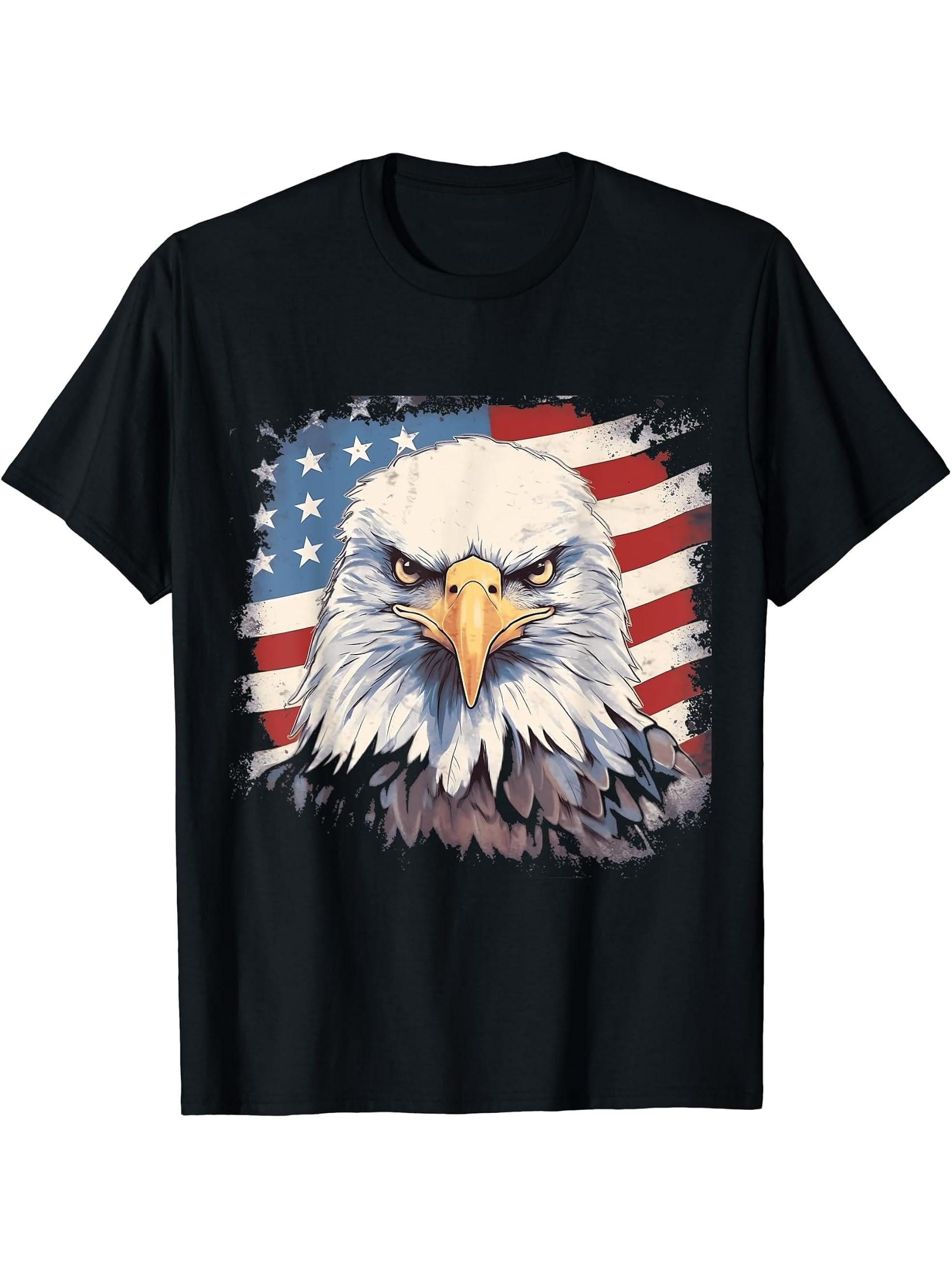 Sea Eagle US Flag Patriotic 4th Of July With Bald Eagle T-Shirt 180G 100% Cotton Printed Round Neck Short-Sleeve T-Shirt, Gifts for Men Dad Husband Grandpa, S-XXXL, Black