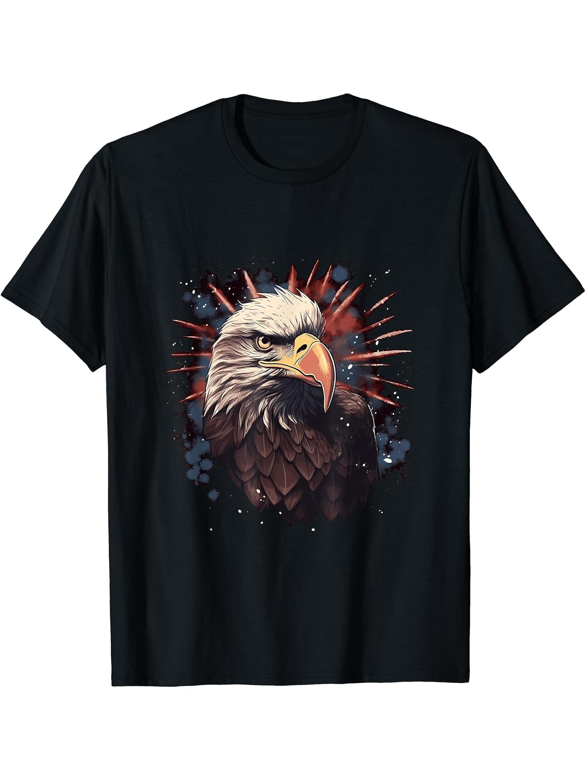 Sea Eagle US Flag Patriotic 4th Of July With Bald Eagle T-Shirt 180G 100% Cotton Printed Round Neck Short-Sleeve T-Shirt, Gifts for Men Dad Husband Grandpa, S-XXXL, Black