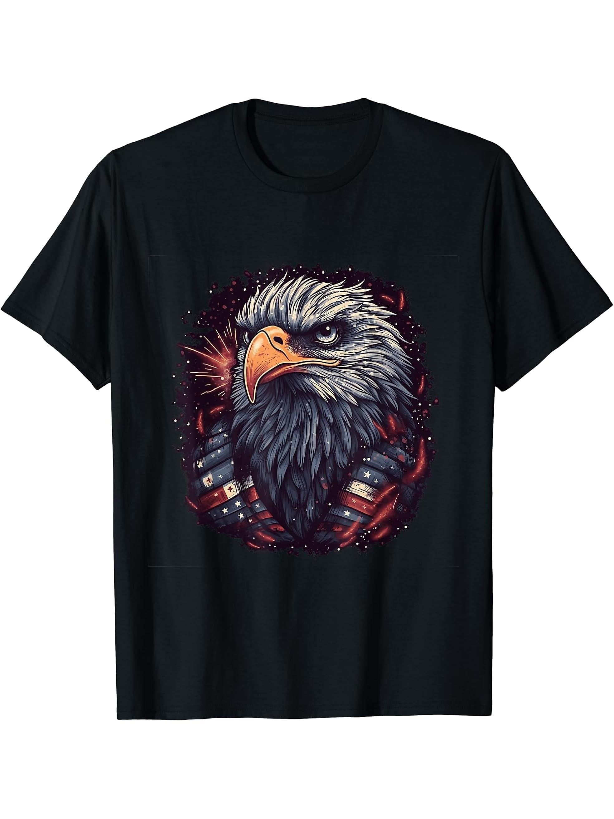Sea Eagle US Flag Patriotic 4th Of July With Bald Eagle T-Shirt 180G 100% Cotton Printed Round Neck Short-Sleeve T-Shirt, Gifts for Men Dad Husband Grandpa, S-XXXL, Black
