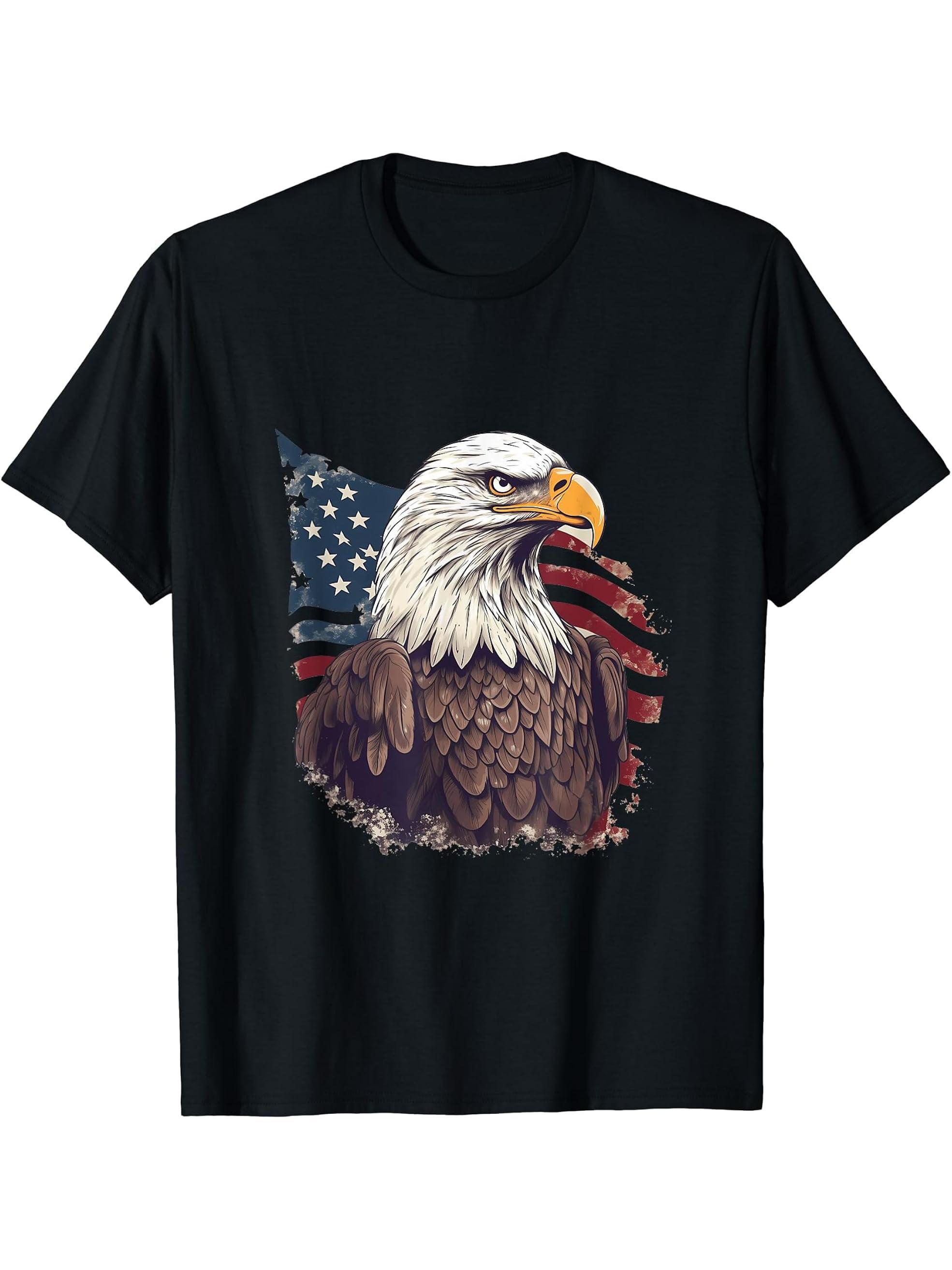 Sea Eagle US Flag Patriotic 4th Of July With Bald Eagle T-Shirt 180G 100% Cotton Printed Round Neck Short-Sleeve T-Shirt, Gifts for Men Dad Husband Grandpa, S-XXXL, Black