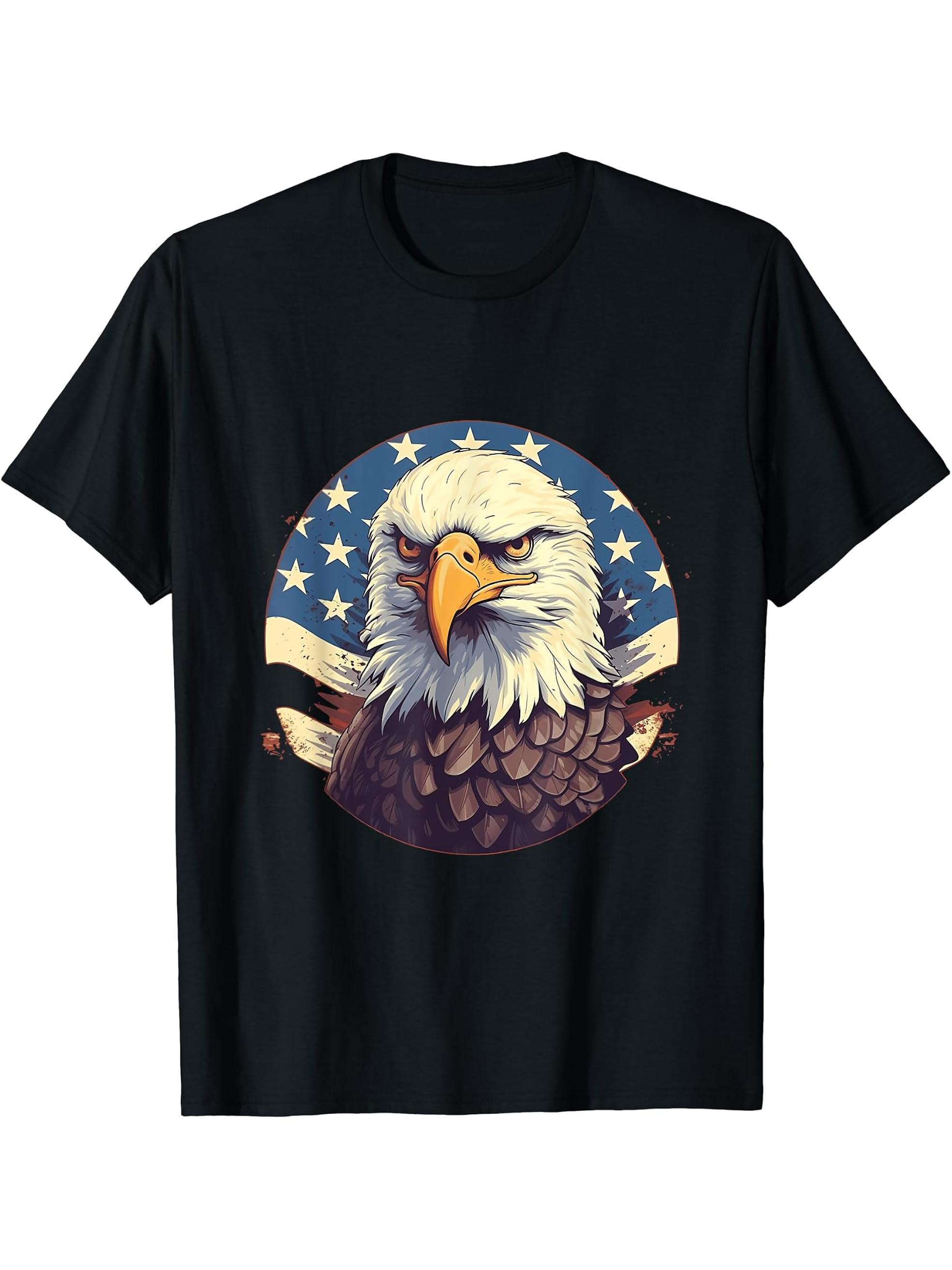 Sea Eagle US Flag Patriotic 4th Of July With Bald Eagle T-Shirt 180G 100% Cotton Printed Round Neck Short-Sleeve T-Shirt, Gifts for Men Dad Husband Grandpa, S-XXXL, Black