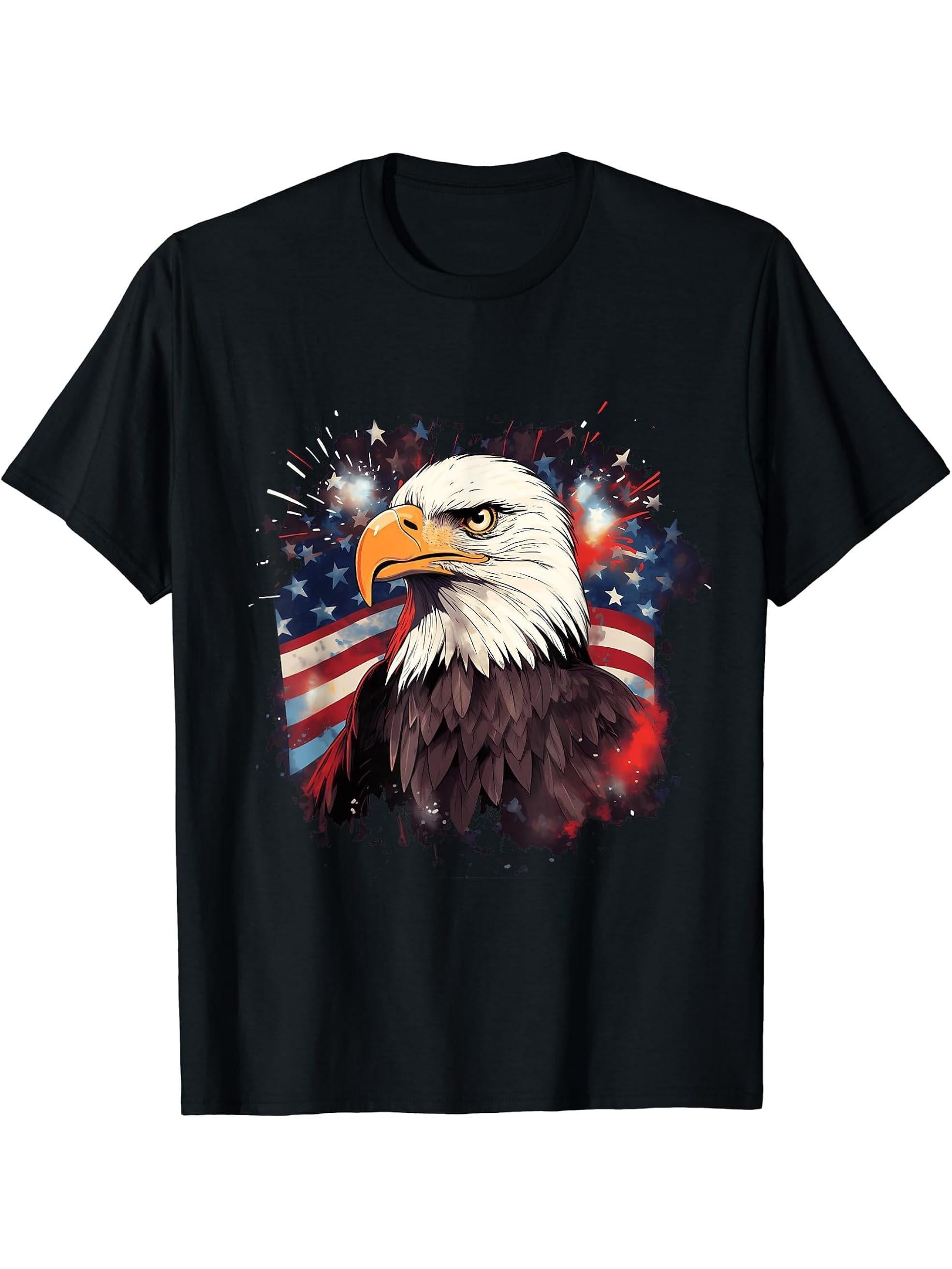 Sea Eagle US Flag Patriotic 4th Of July With Bald Eagle T-Shirt 180G 100% Cotton Printed Round Neck Short-Sleeve T-Shirt, Gifts for Men Dad Husband Grandpa, S-XXXL, Black
