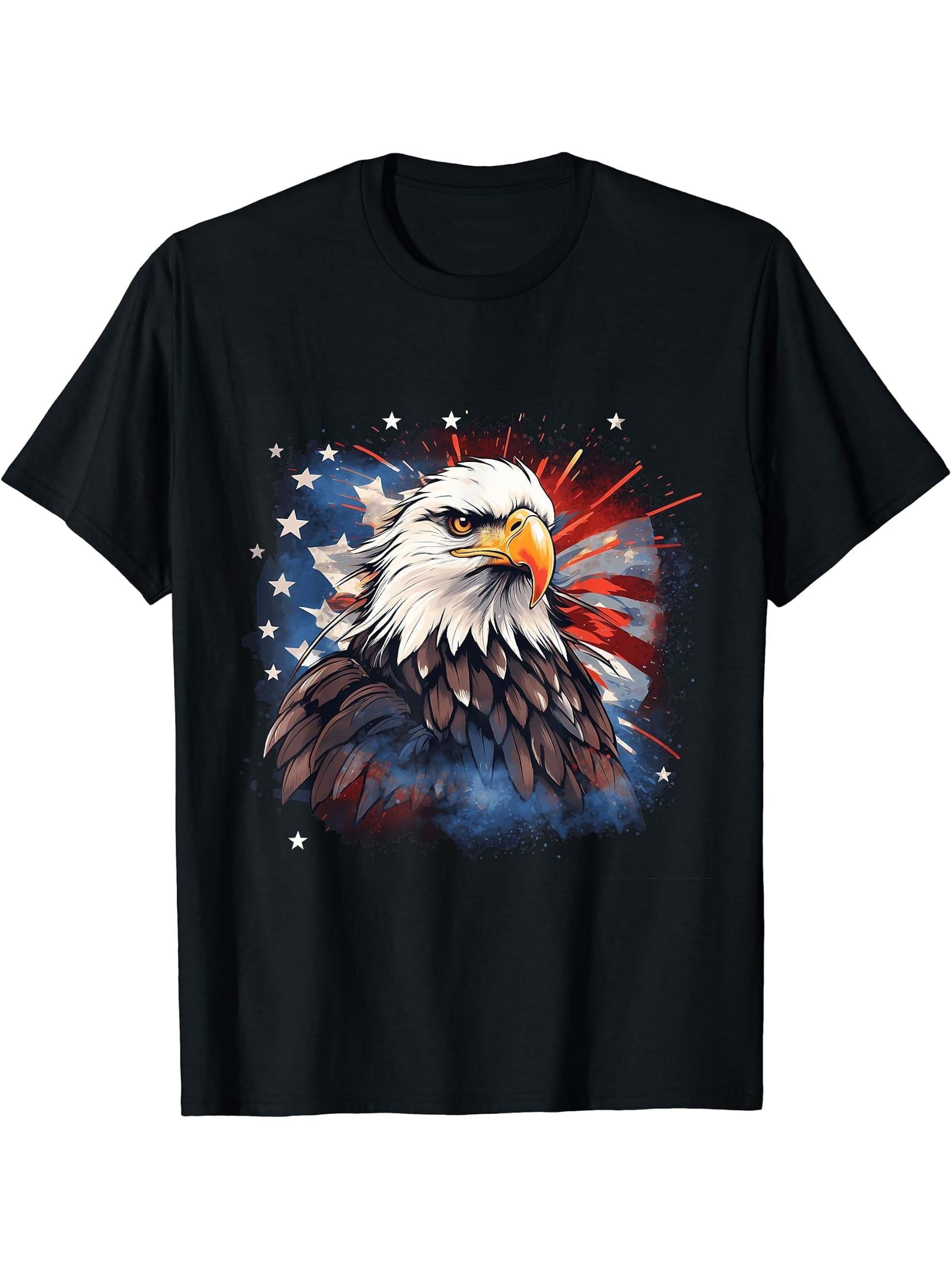 Sea Eagle US Flag Patriotic 4th Of July With Bald Eagle T-Shirt 180G 100% Cotton Printed Round Neck Short-Sleeve T-Shirt, Gifts for Men Dad Husband Grandpa, S-XXXL, Black