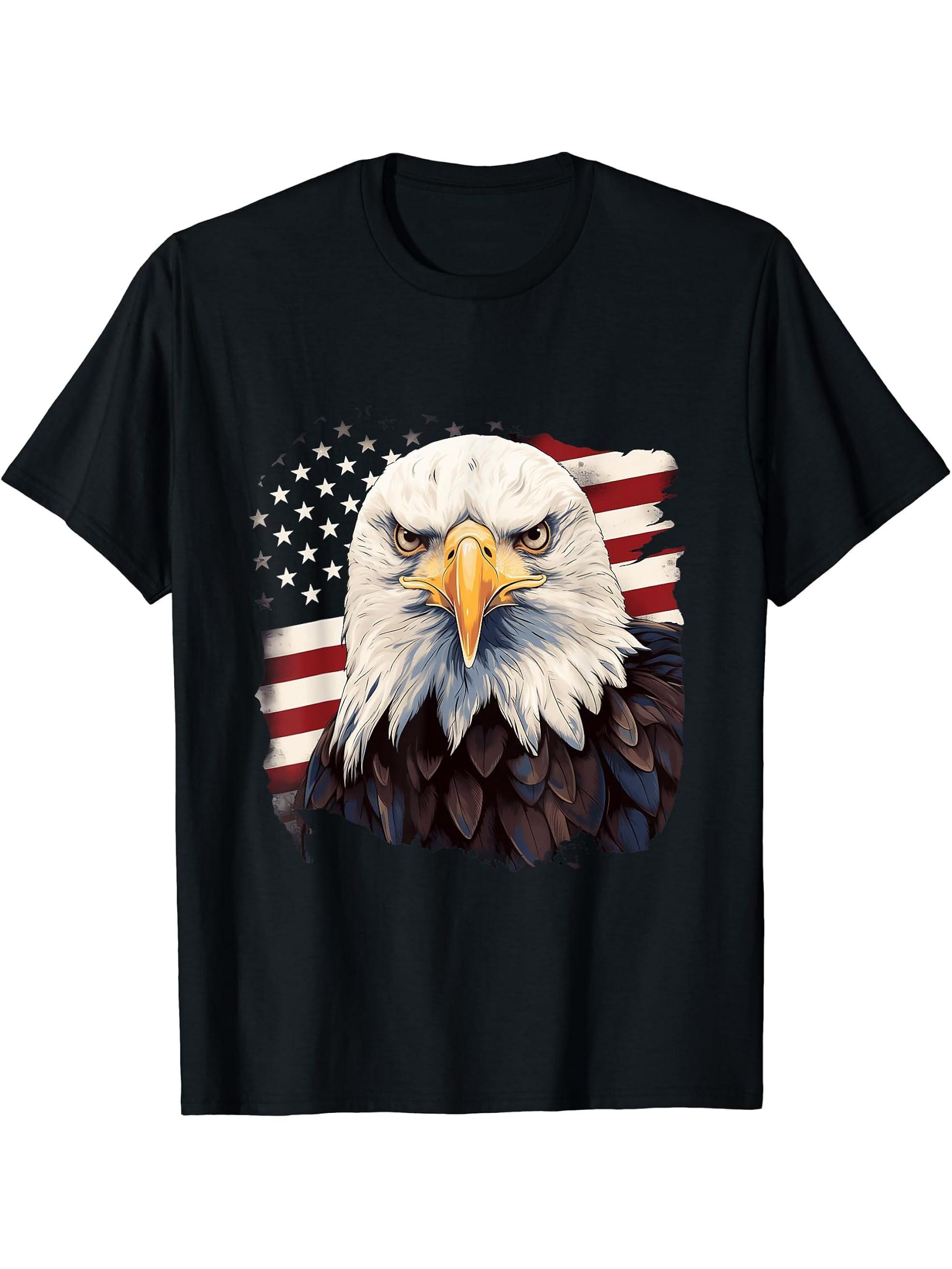 Sea Eagle US Flag Patriotic 4th Of July With Bald Eagle T-Shirt 180G 100% Cotton Printed Round Neck Short-Sleeve T-Shirt, Gifts for Men Dad Husband Grandpa, S-XXXL, Black