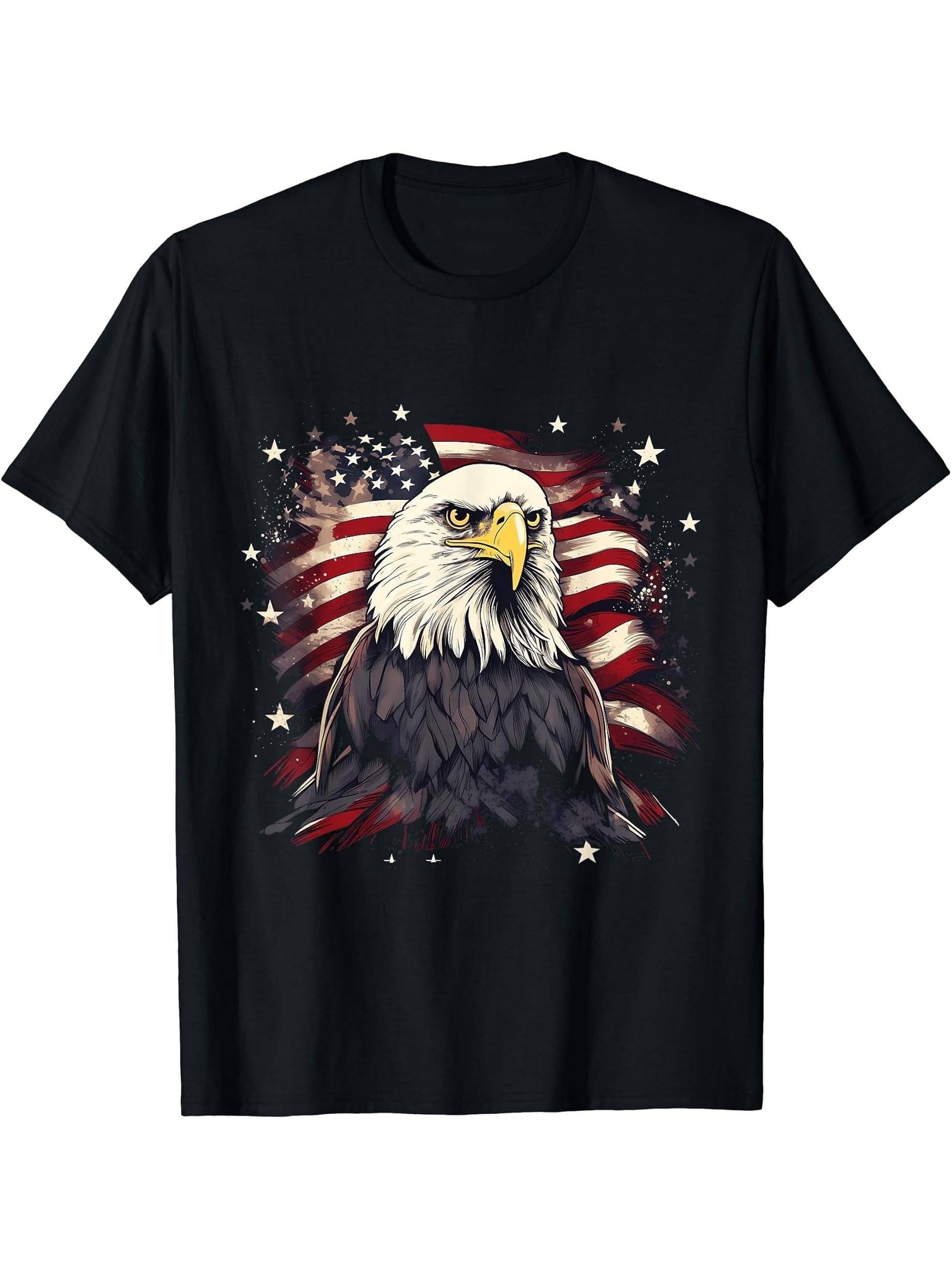 Sea Eagle US Flag Patriotic 4th Of July With Bald Eagle T-Shirt 180G 100% Cotton Printed Round Neck Short-Sleeve T-Shirt, Gifts for Men Dad Husband Grandpa, S-XXXL, Black