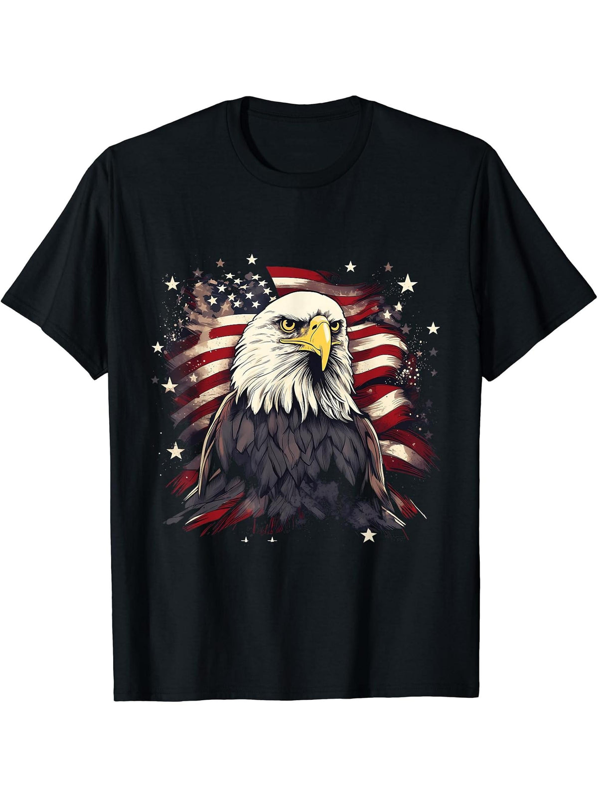 Sea Eagle US Flag Patriotic 4th Of July With Bald Eagle T-Shirt 180G 100% Cotton Printed Round Neck Short-Sleeve T-Shirt, Gifts for Men Dad Husband Grandpa, S-XXXL, Black