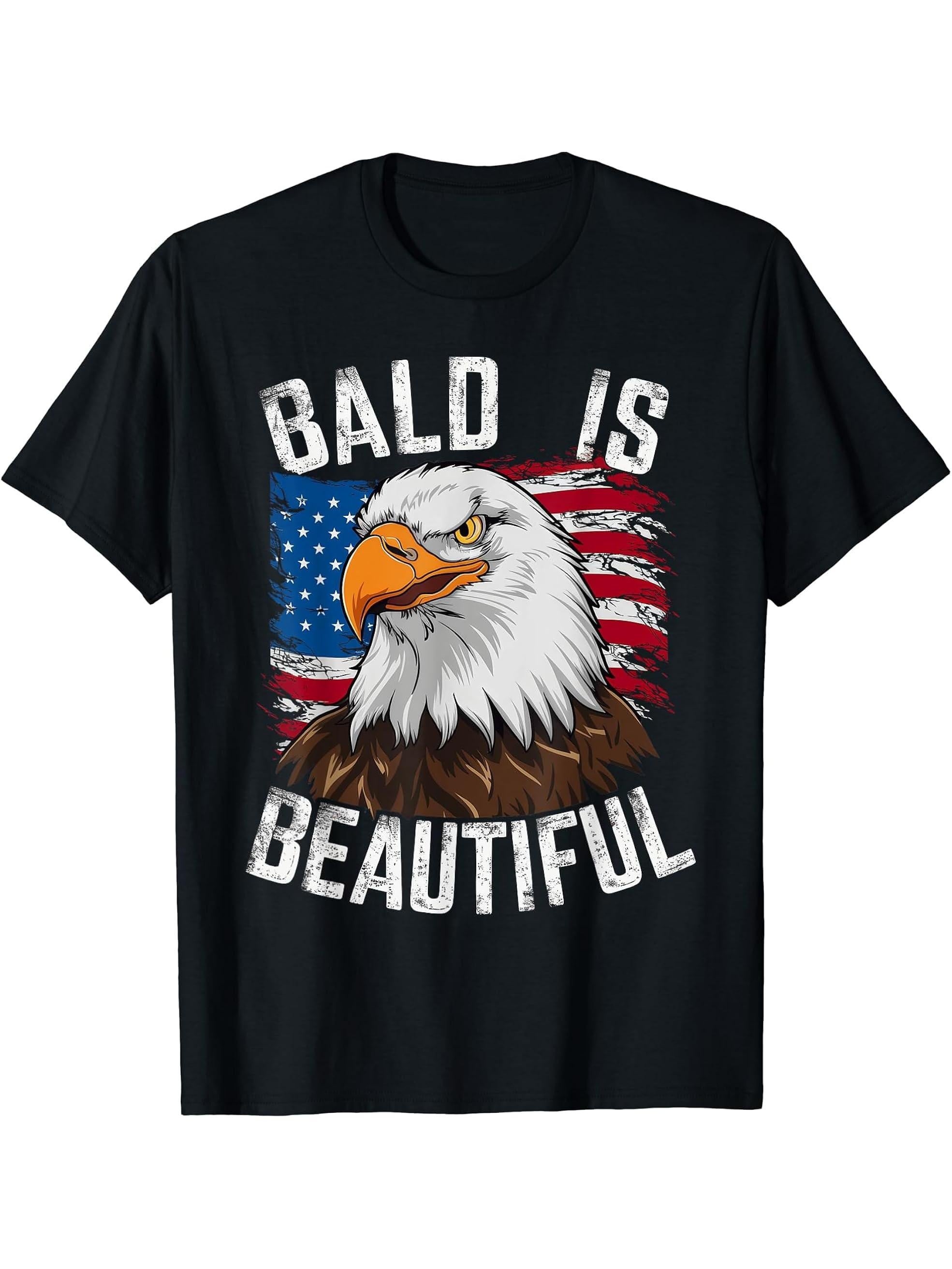 Bald Is Beautiful Independence Day Bald Eagle 4th of July T-Shirt 180G 100% Cotton Printed Round Neck Short-Sleeve T-Shirt, Gifts for Men Dad Husband Grandpa, S-XXXL, Black