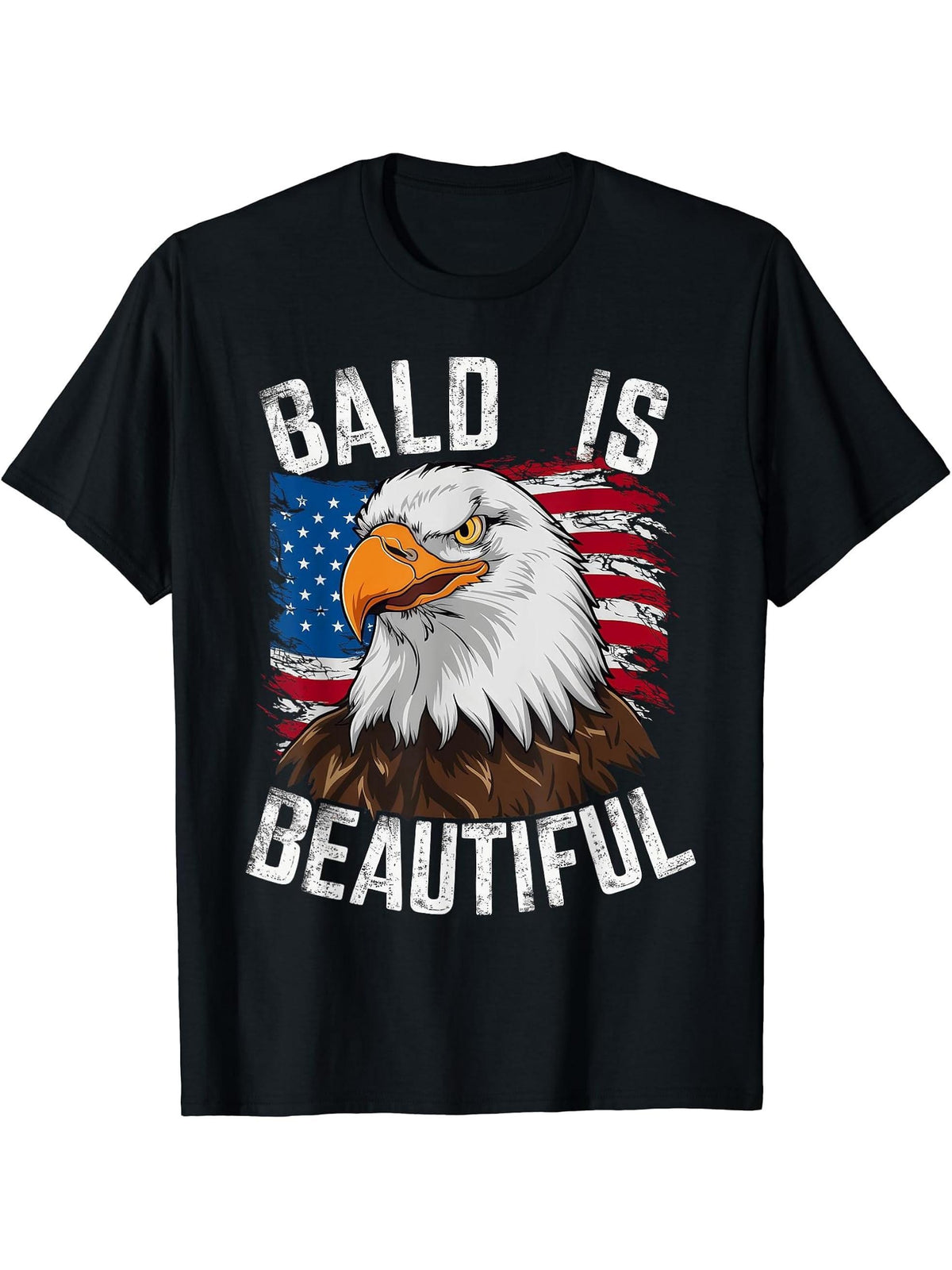 Bald Is Beautiful Independence Day Bald Eagle 4th of July T-Shirt 180G 100% Cotton Printed Round Neck Short-Sleeve T-Shirt, Gifts for Men Dad Husband Grandpa, S-XXXL, Black