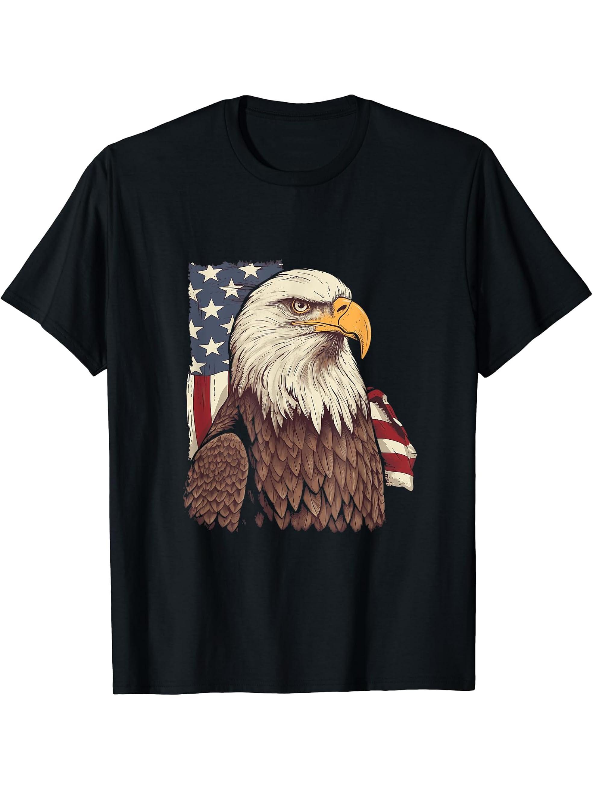 Sea Eagle US Flag Patriotic 4th Of July With Bald Eagle T-Shirt 180G 100% Cotton Printed Round Neck Short-Sleeve T-Shirt, Gifts for Men Dad Husband Grandpa, S-XXXL, Black