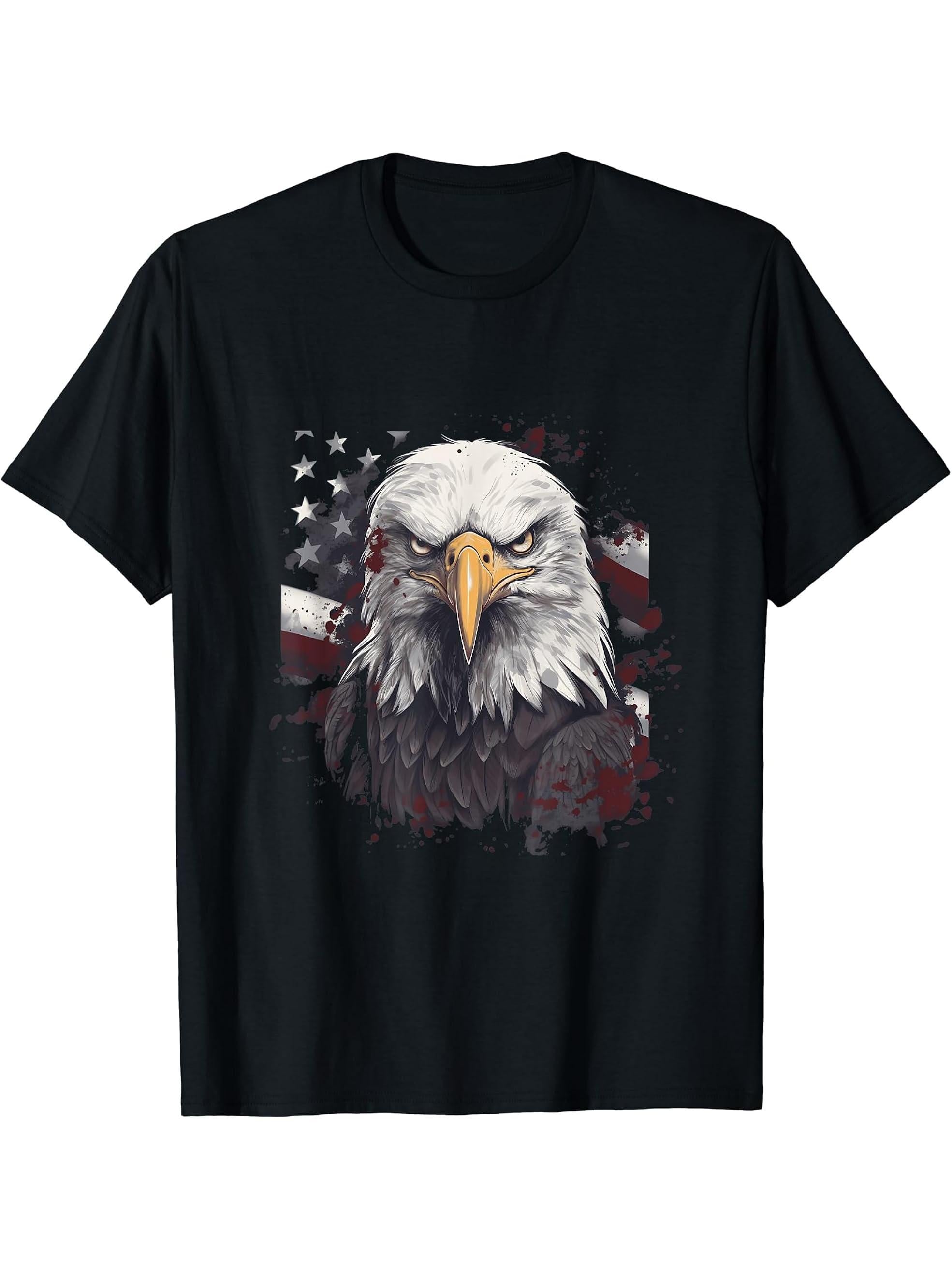 Sea Eagle US Flag Patriotic 4th Of July With Bald Eagle T-Shirt 180G 100% Cotton Printed Round Neck Short-Sleeve T-Shirt, Gifts for Men Dad Husband Grandpa, S-XXXL, Black