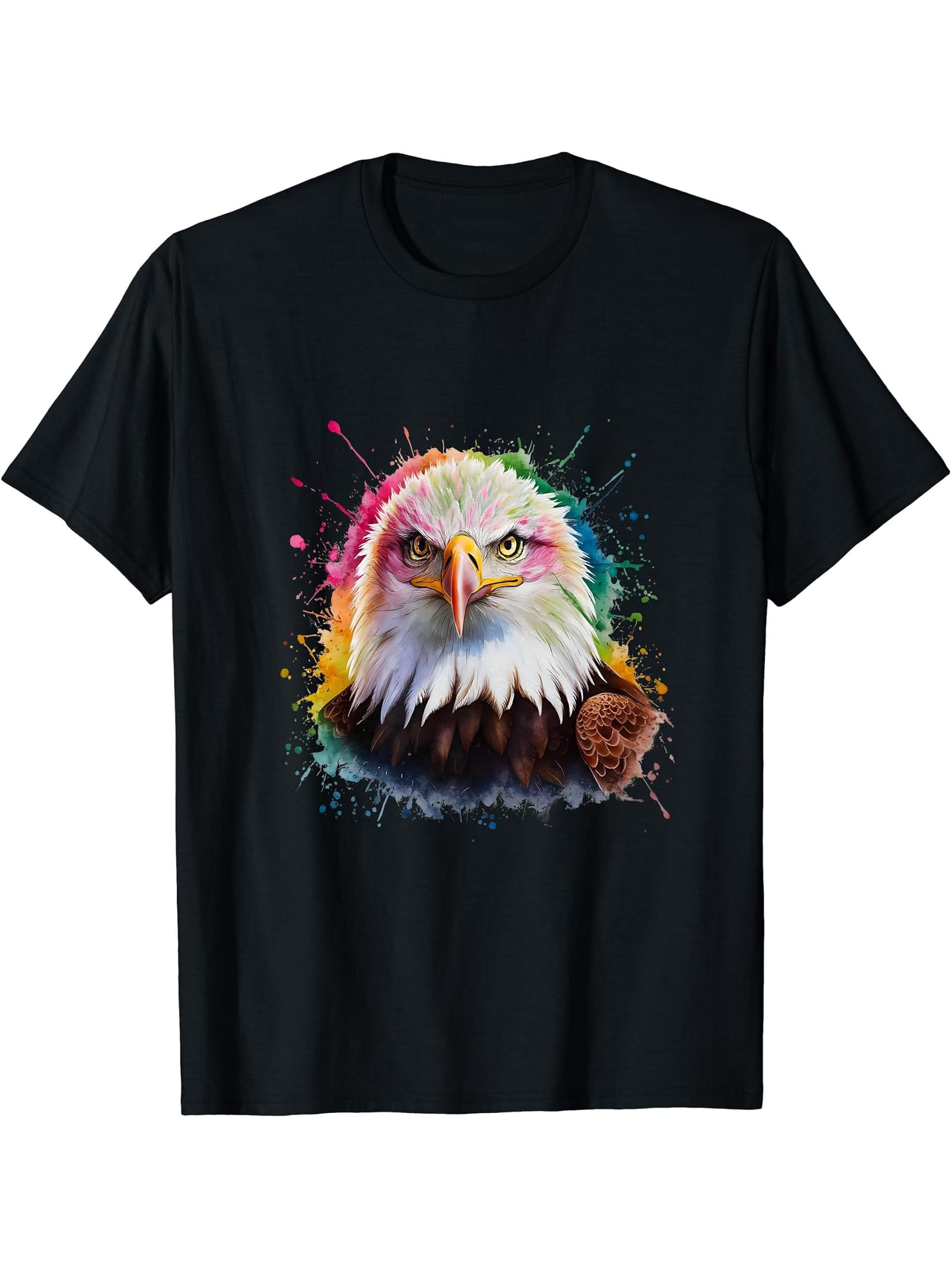Bald Eagle Men Woman Colorful Watercolor Bald Eagle T-Shirt 180G 100% Cotton Printed Round Neck Short-Sleeve T-Shirt, Gifts for Men Dad Husband Grandpa, S-XXXL, Black