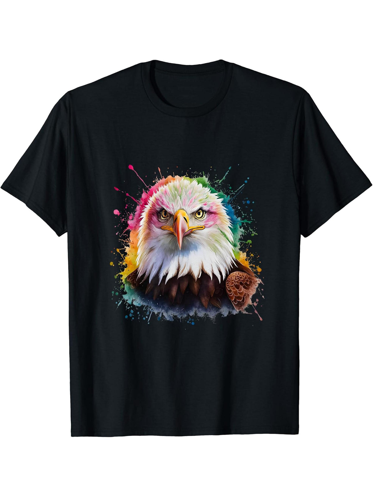 Bald Eagle Men Woman Colorful Watercolor Bald Eagle T-Shirt 180G 100% Cotton Printed Round Neck Short-Sleeve T-Shirt, Gifts for Men Dad Husband Grandpa, S-XXXL, Black