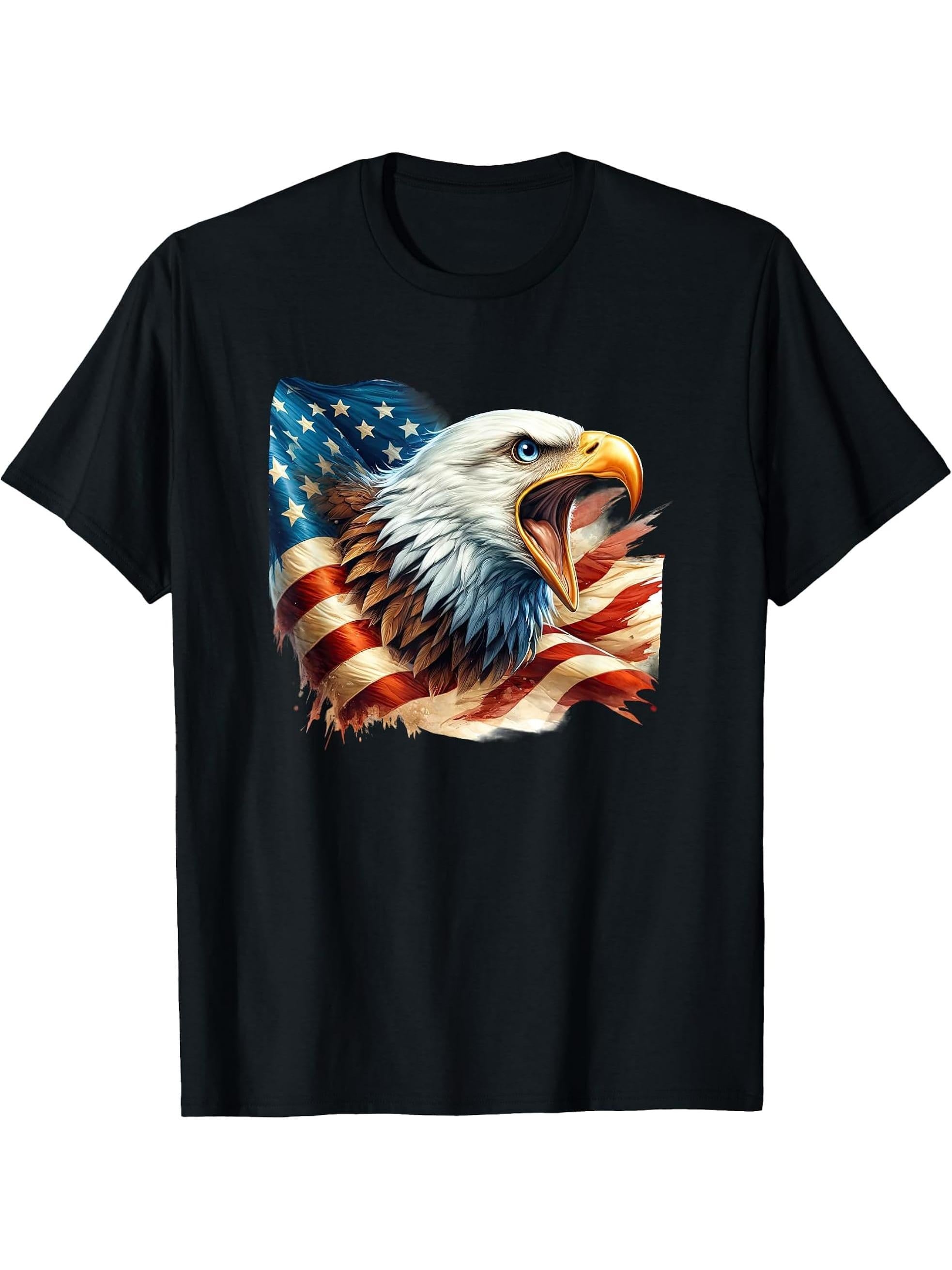 Majestic American Bald Eagle Emerging from the US Flag T-Shirt 180G 100% Cotton Printed Round Neck Short-Sleeve T-Shirt, Gifts for Men Dad Husband Grandpa, S-XXXL, Black