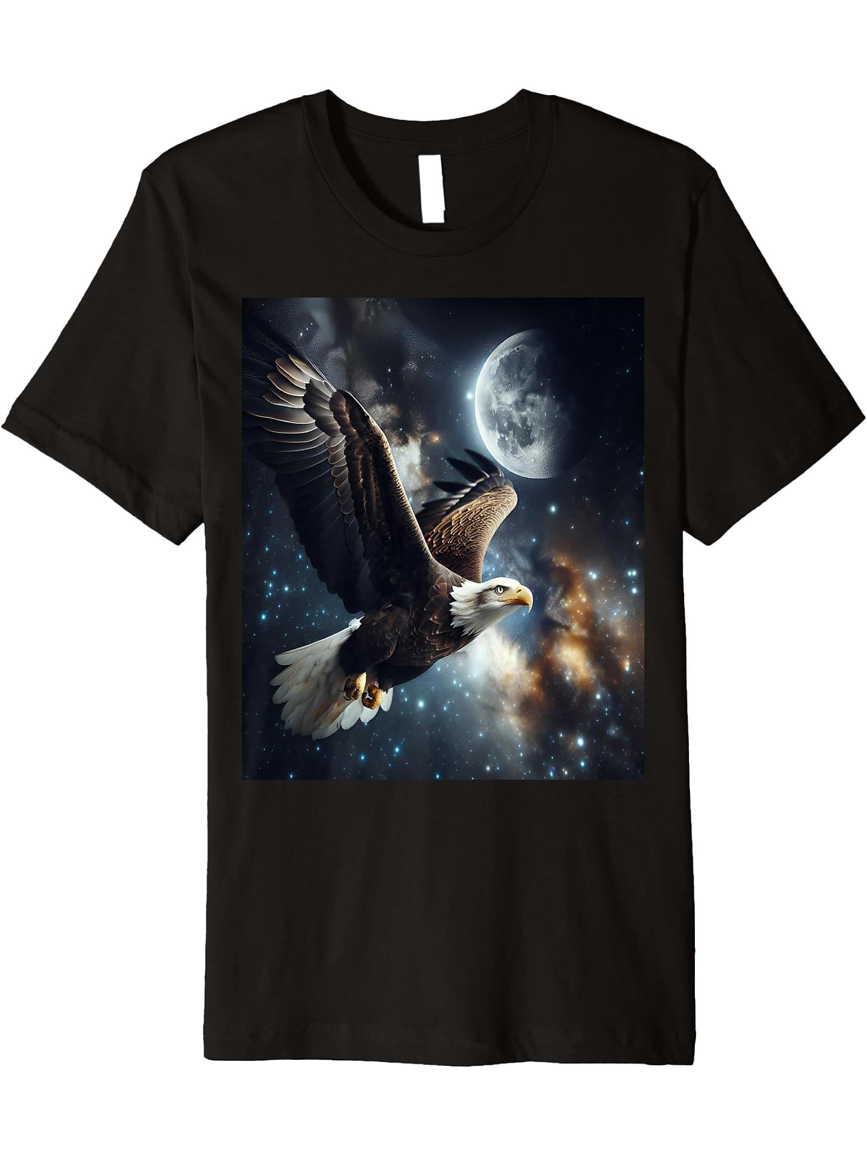 Space Bald Eagle With Moon Premium T-Shirt 180G 100% Cotton Printed Round Neck Short-Sleeve T-Shirt, Gifts for Men Dad Husband Grandpa, S-XXXL, Black