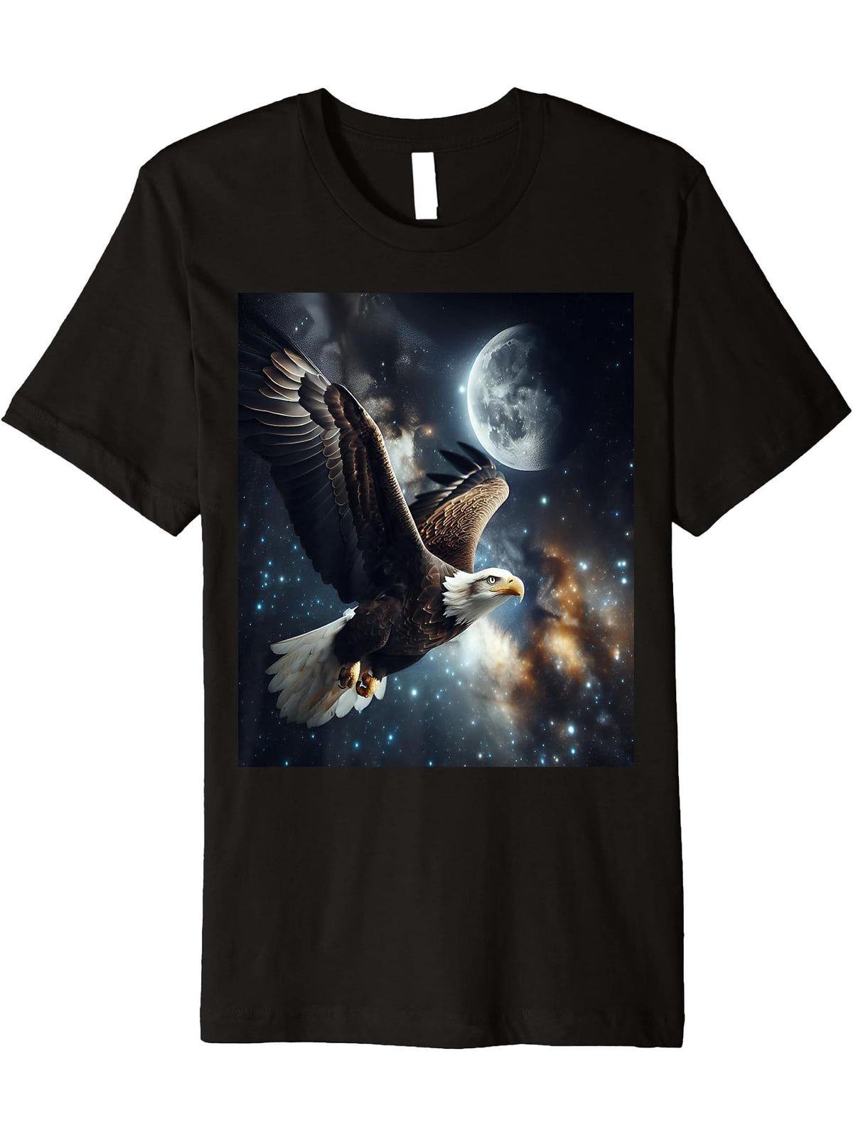 Space Bald Eagle With Moon Premium T-Shirt 180G 100% Cotton Printed Round Neck Short-Sleeve T-Shirt, Gifts for Men Dad Husband Grandpa, S-XXXL, Black