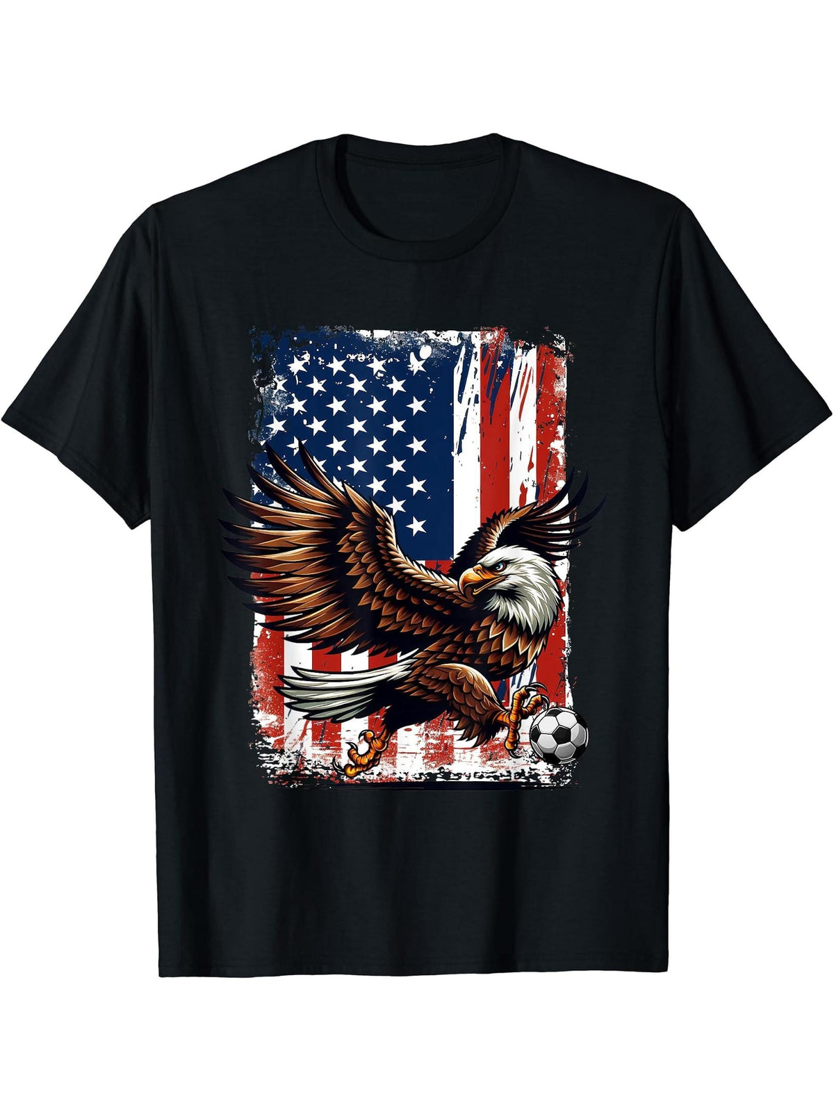 Vintage Bald Eagle Showing Soccer Skills American Flag Tee T-Shirt 180G 100% Cotton Printed Round Neck Short-Sleeve T-Shirt, Gifts for Men Dad Husband Grandpa, S-XXXL, Black