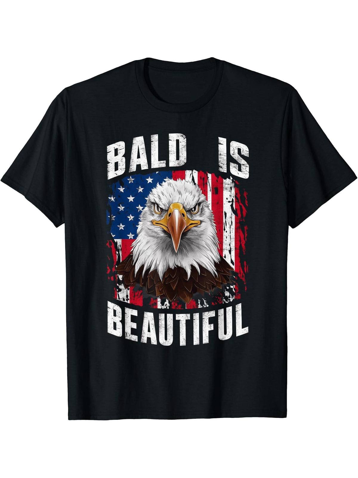 Bald Is Beautiful Independence Day Bald Eagle 4th of July T-Shirt 180G 100% Cotton Printed Round Neck Short-Sleeve T-Shirt, Gifts for Men Dad Husband Grandpa, S-XXXL, Black
