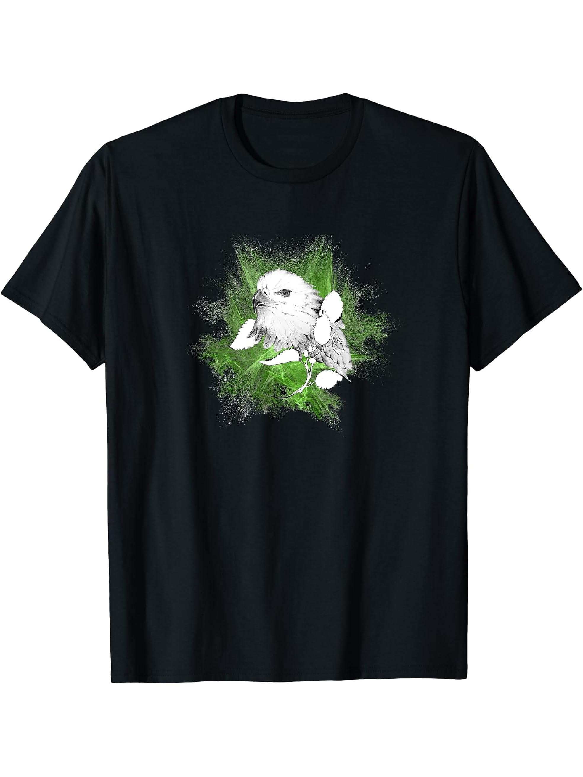 Bald Eagle in greenery.. T-Shirt 180G 100% Cotton Printed Round Neck Short-Sleeve T-Shirt, Gifts for Men Dad Husband Grandpa, S-XXXL, Black