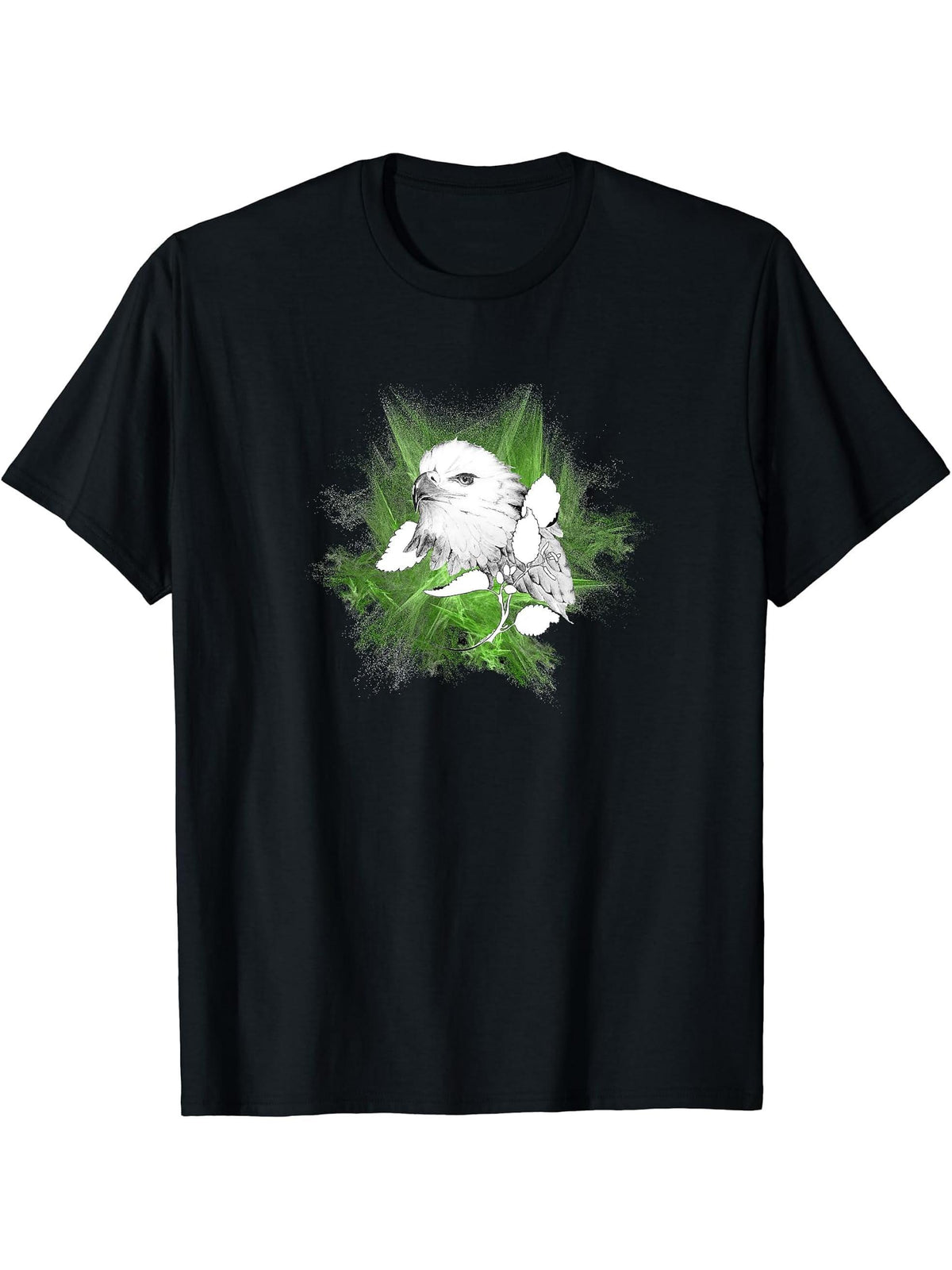 Bald Eagle in greenery.. T-Shirt 180G 100% Cotton Printed Round Neck Short-Sleeve T-Shirt, Gifts for Men Dad Husband Grandpa, S-XXXL, Black
