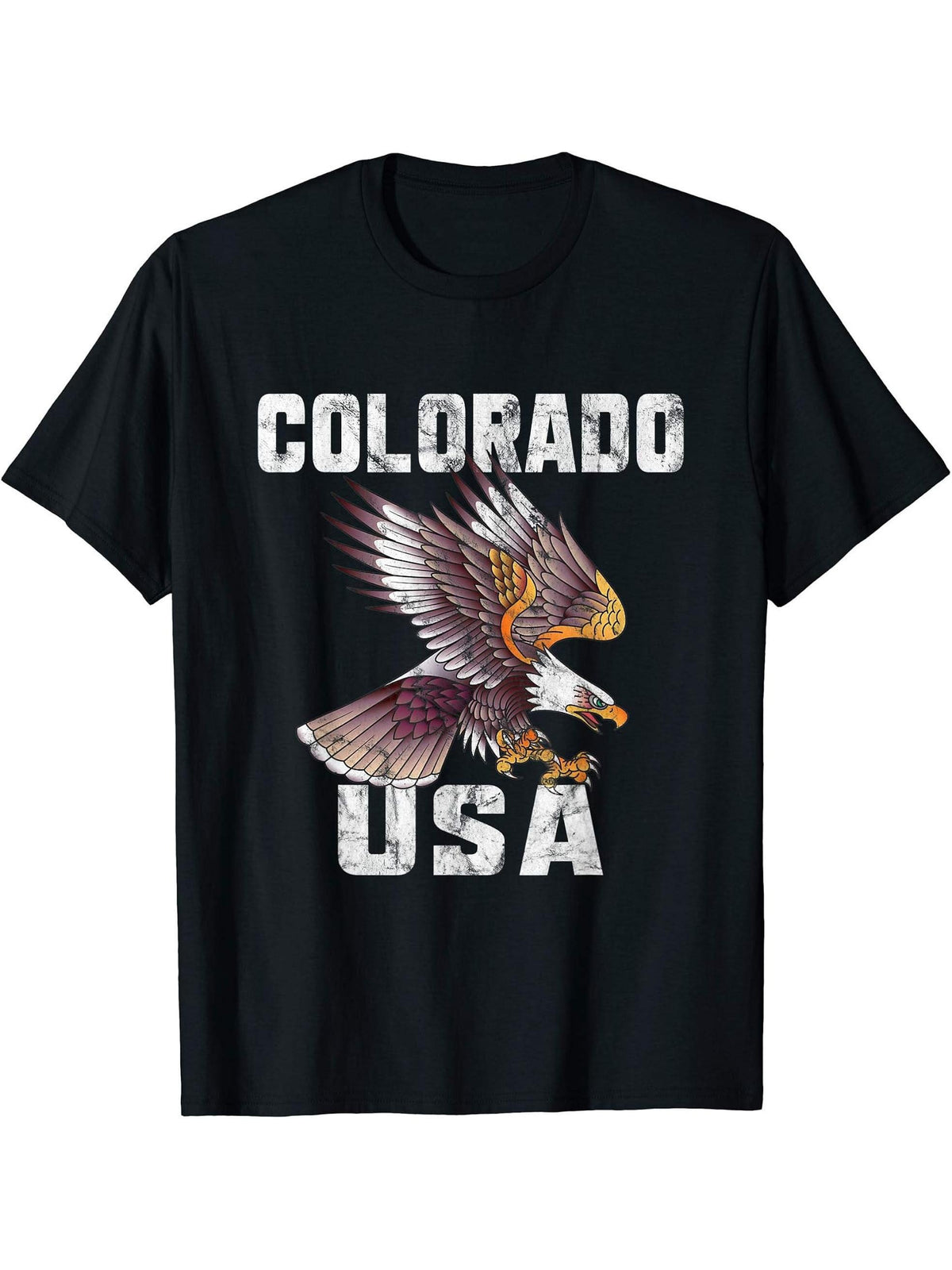 Retro Distressed Colorado USA Bald Eagle Gift T-Shirt 180G 100% Cotton Printed Round Neck Short-Sleeve T-Shirt, Gifts for Men Dad Husband Grandpa, S-XXXL, Black